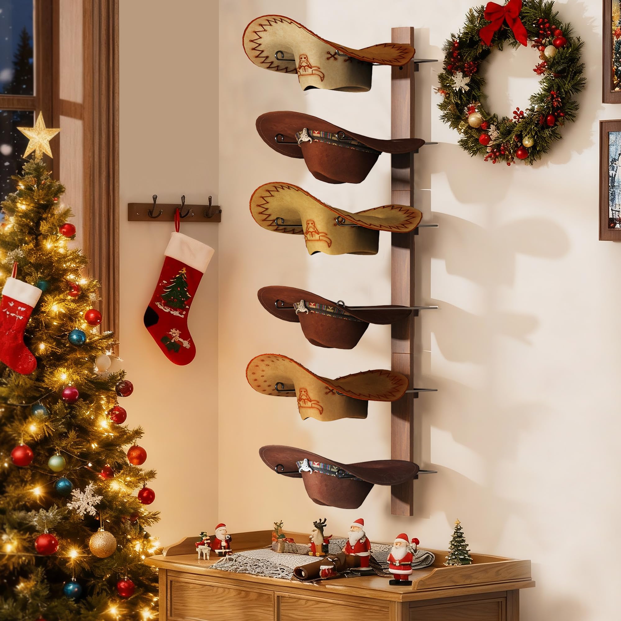 Porta Cappelli da Cowboy - 6 Pezzi Con Bordo in Legno, Organizer da Parete in Metallo per Collezione