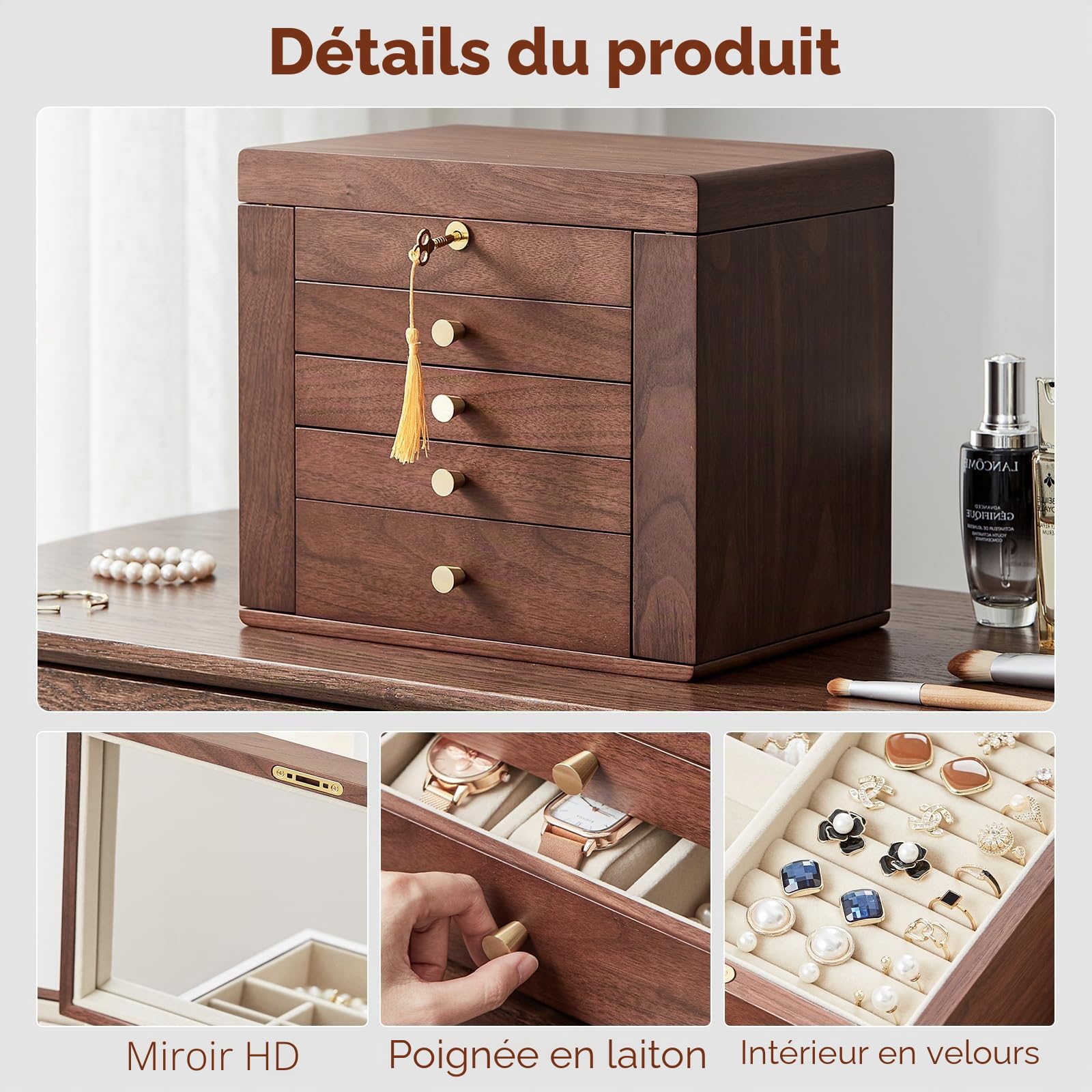 Grande boîte à bijoux en bois pour femme, boîte à bijoux vintage en bois massif, 4 tiroirs avec miroir et serrure, 5 niveaux de rangement pour bijoux, boucles d'oreilles