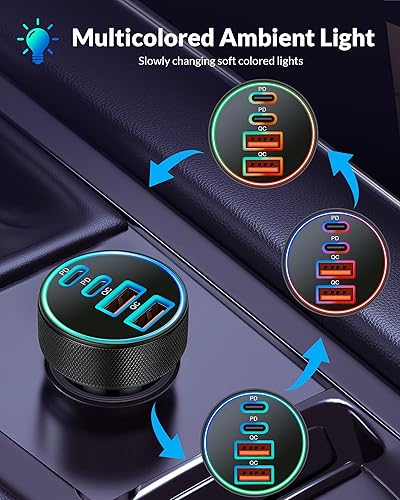 Miniatura 8 de Cargador de coche USB C, 3 unidades de 4 puertos de 90 W de carga rápida Accesorios de cargador de teléfono de coche Dual USB-C y USB-A Cargador