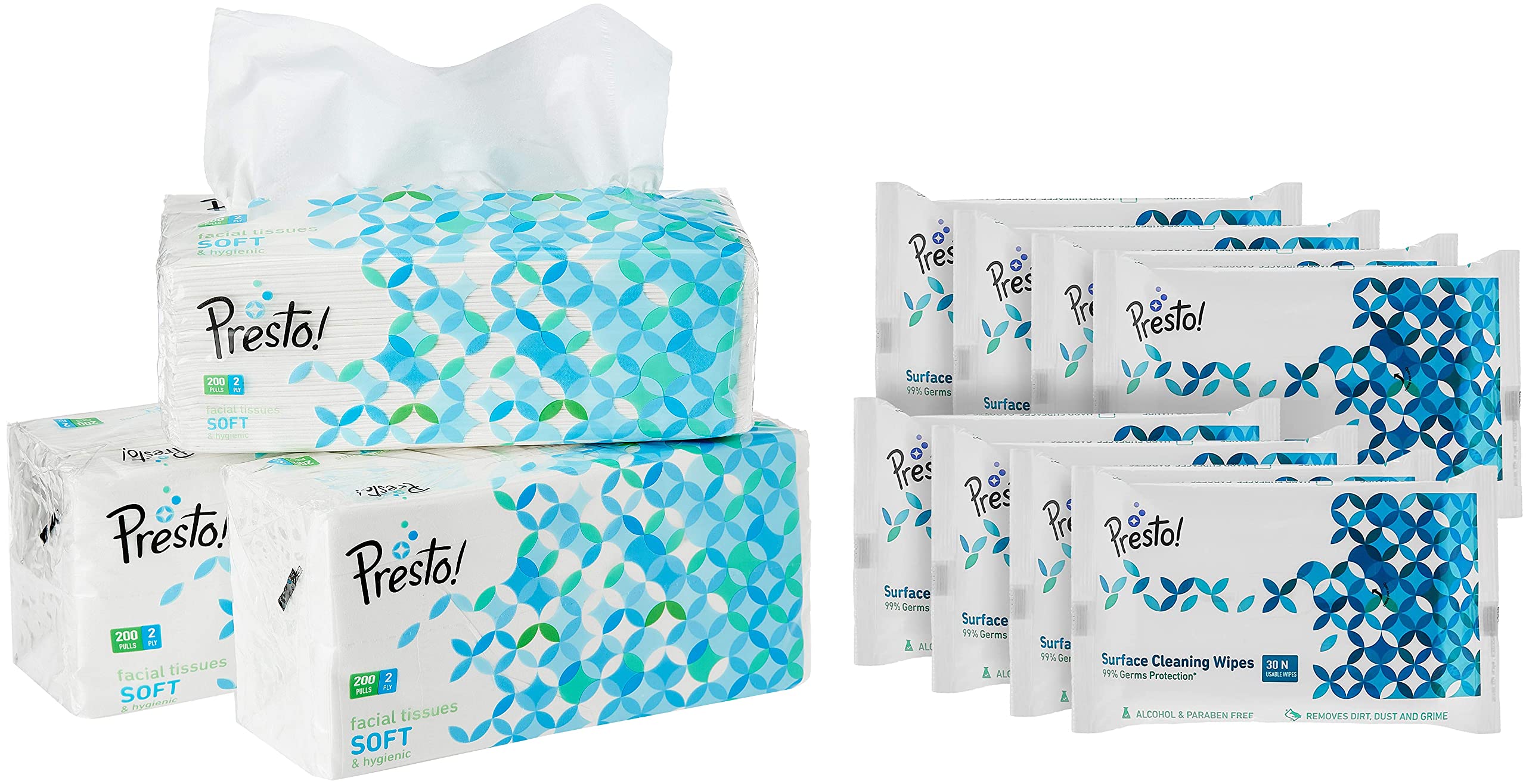 Amazon Brand - Presto! Surface Cleaning Wipes - 30 wipes/pack (Pack of 8) & Presto! 2 Ply Facial Tissue Soft Pack - 200 Pulls (Pack of 3) (B0BP5JRBL8) Amazon Price History, Amazon Price Tracker