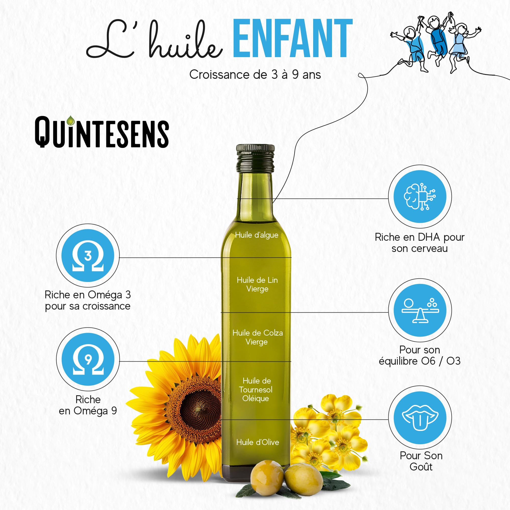 Lot 3 Huiles Enfant QUINTESENS 250ml - Apports en DHA, Oméga 3, 6 & 9 et Vitamine E pour un Développement Solide pour la Vie - Production 100% Française & Biologique