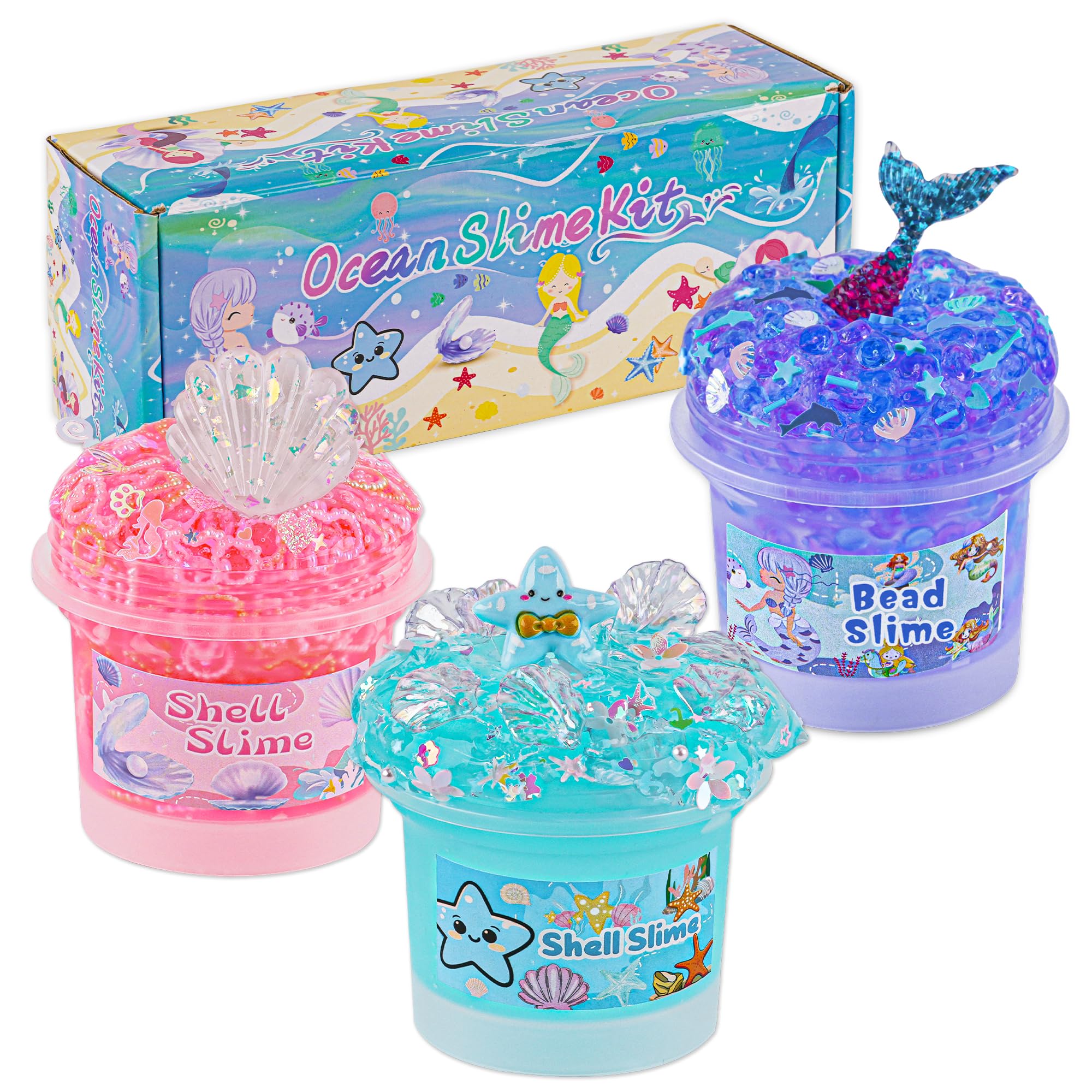 3 x 100mL Ocean Slime Kit for Girls & Boys: Mermaid Bead, Pink Crunchy & Blue Clear Slime, Sensory Experience DIY Slimes Set, Slimes Party Favors for Kids Birthday Easter Halloween Teens Gift