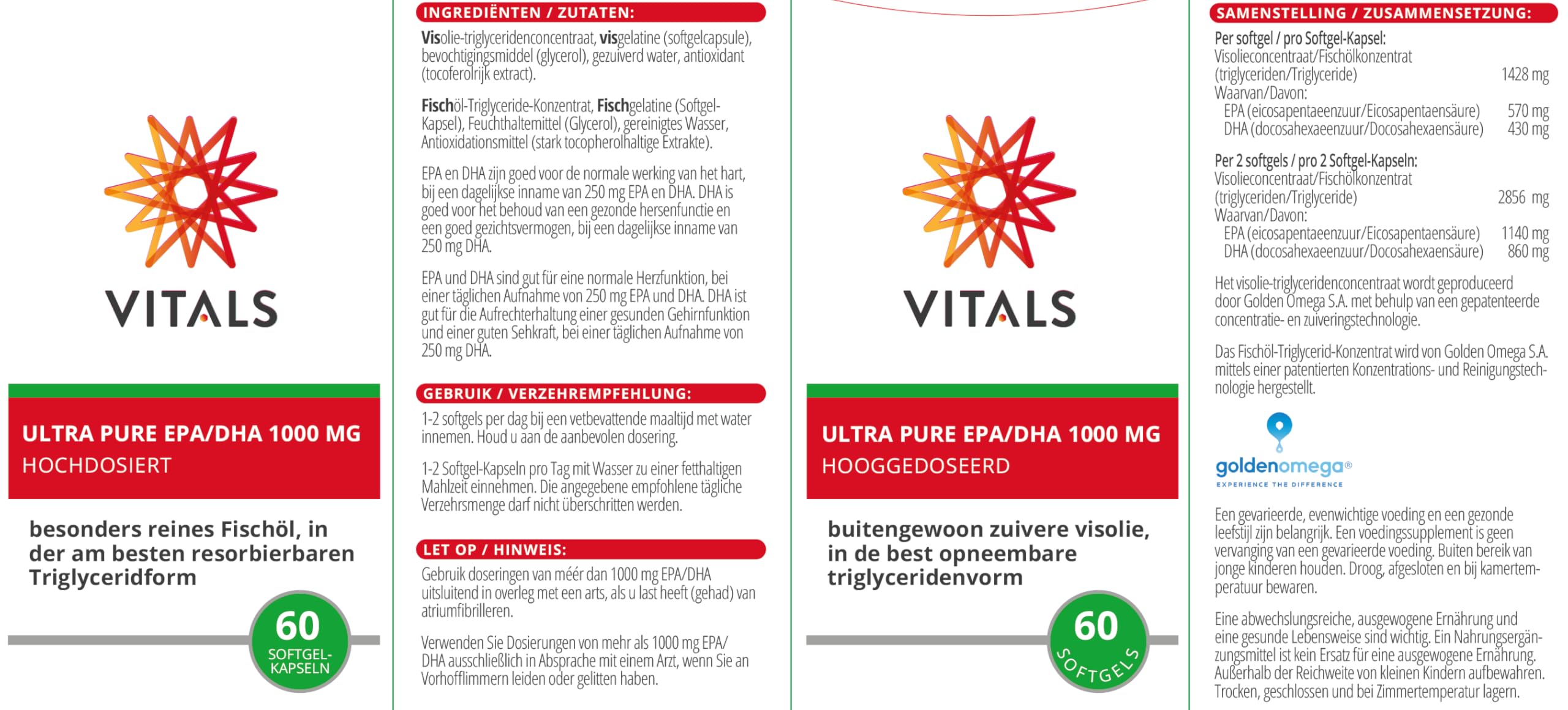 Vitals - Ultra Pure EPA/DHA 1000mg 60 gélules de softgel.Hautement dosé avec 570mg d'EPA et 430mg de DHA par gélule de softgel.Oméga 3 pur très bien absorbable sans additifs inutiles.