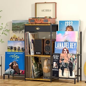 Record Player Stand with Vinyl Storage, Record Player Table with 8-Tier Display Shelf Up to 200 Albums, Vinyl Record Stand with Record Player Cabinet,Turntable Stand with Record Holder for Living Room