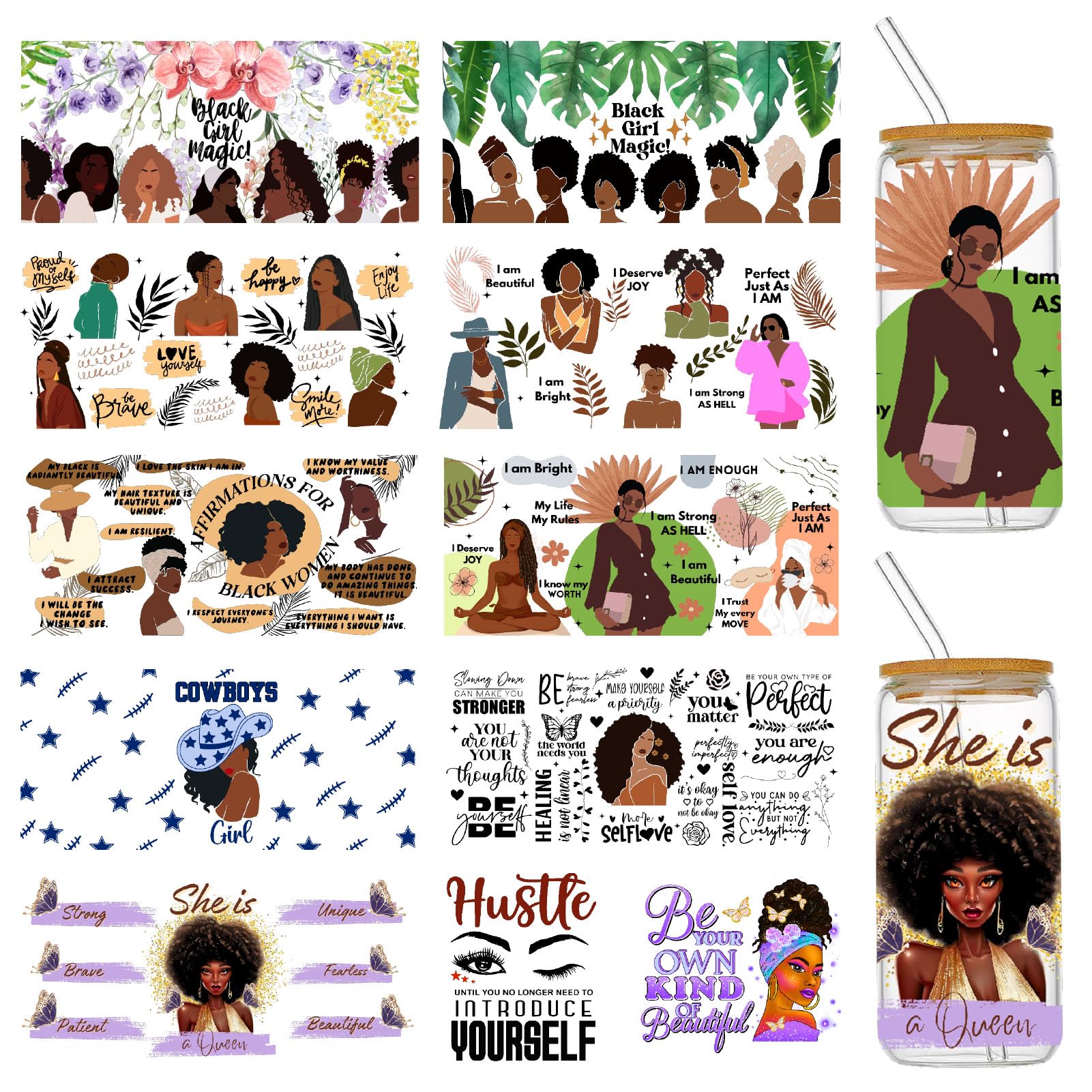 UV DTF Cup Wraps for Glass Cups 16 oz, 10 Sheets Cup Rub on Transfers for Crafts, Cute Black Girls Cup Wrap Transfer Stickers Cup Decals Bulk for