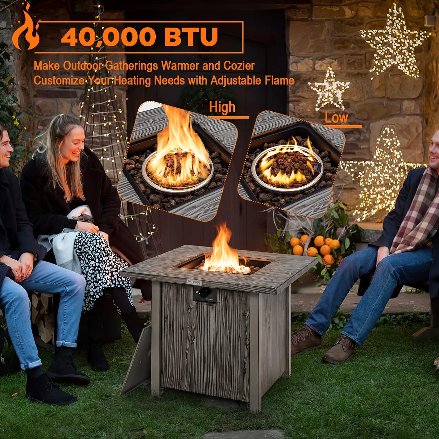 28'' Gray Wood-Look Propane Gas Fire Pit Table with Lid