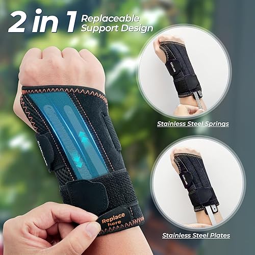 Miniatura 2 de Muñequera 2 en 1 para túnel carpiano, férula de muñeca con 2 placas y resortes reemplazables y correas ajustables de 360 (izquierda - negro, LXL)