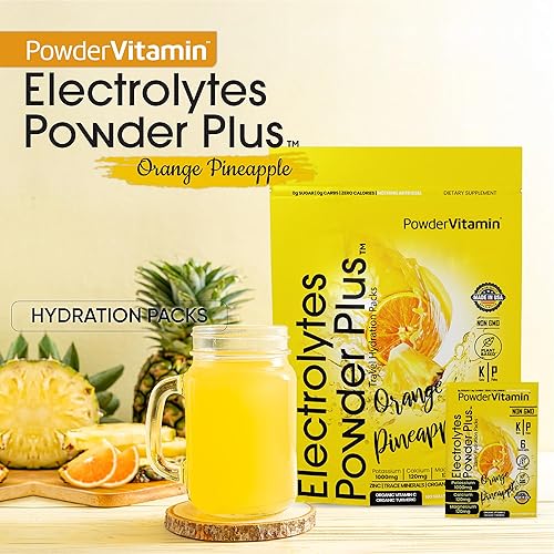 Miniatura 2 de PowderVitamin Electrolitos en polvo Plus, Keto, piña naranja, sin azúcar, 1000 mg de potasio, 120 mg de calcio, 120 mg de magnesio, sin OMG, cero