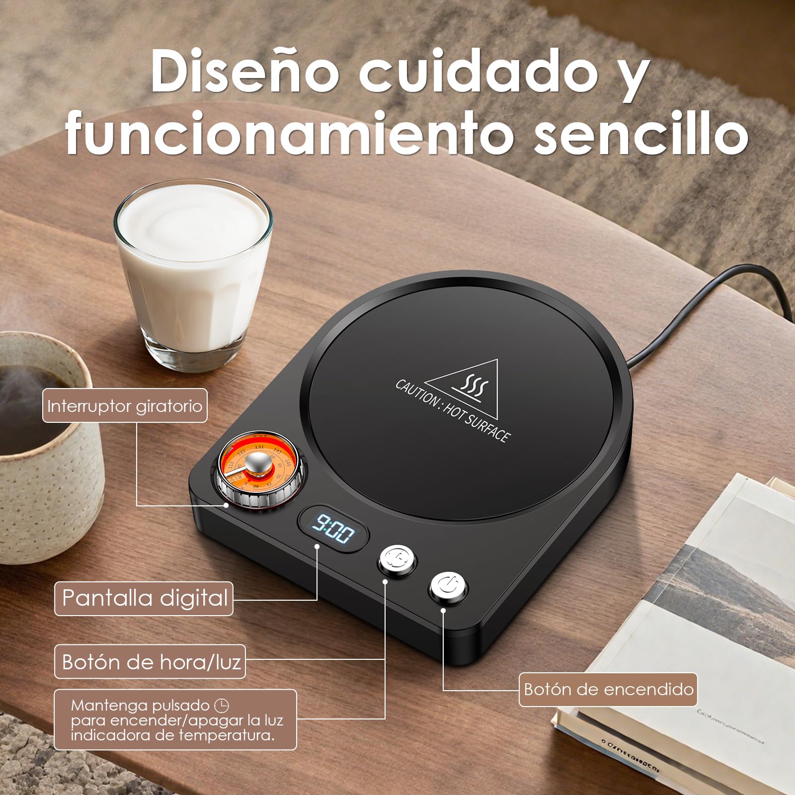Accwork Calentador de Tazas de Escritorio con 9 Ajustes de Temperatura, Control Giratorio, Temporizador de 0,5 a 9 H, Apagado Automático y Mantiene Calientes El Té, La Leche y El Café