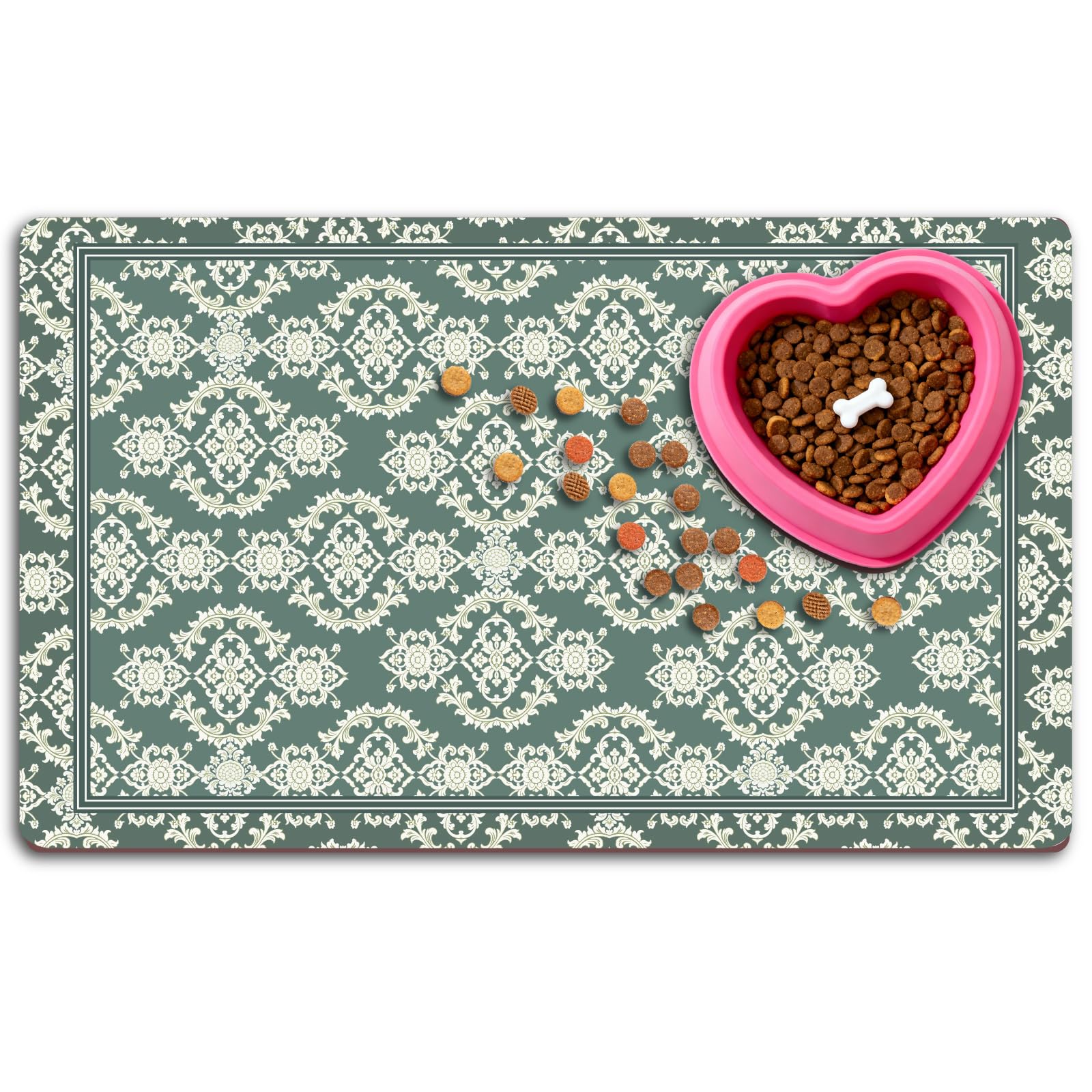 PRESSINART Boho Cat Food Mat 20 x 12 Inch Pet Feeding Placemat Vintage Green Flower Pattern Rectangle Diatomaceous Earth Absorbent Quick Dry Cat Feeding Mat Protect Floors for Food and Water Supplies