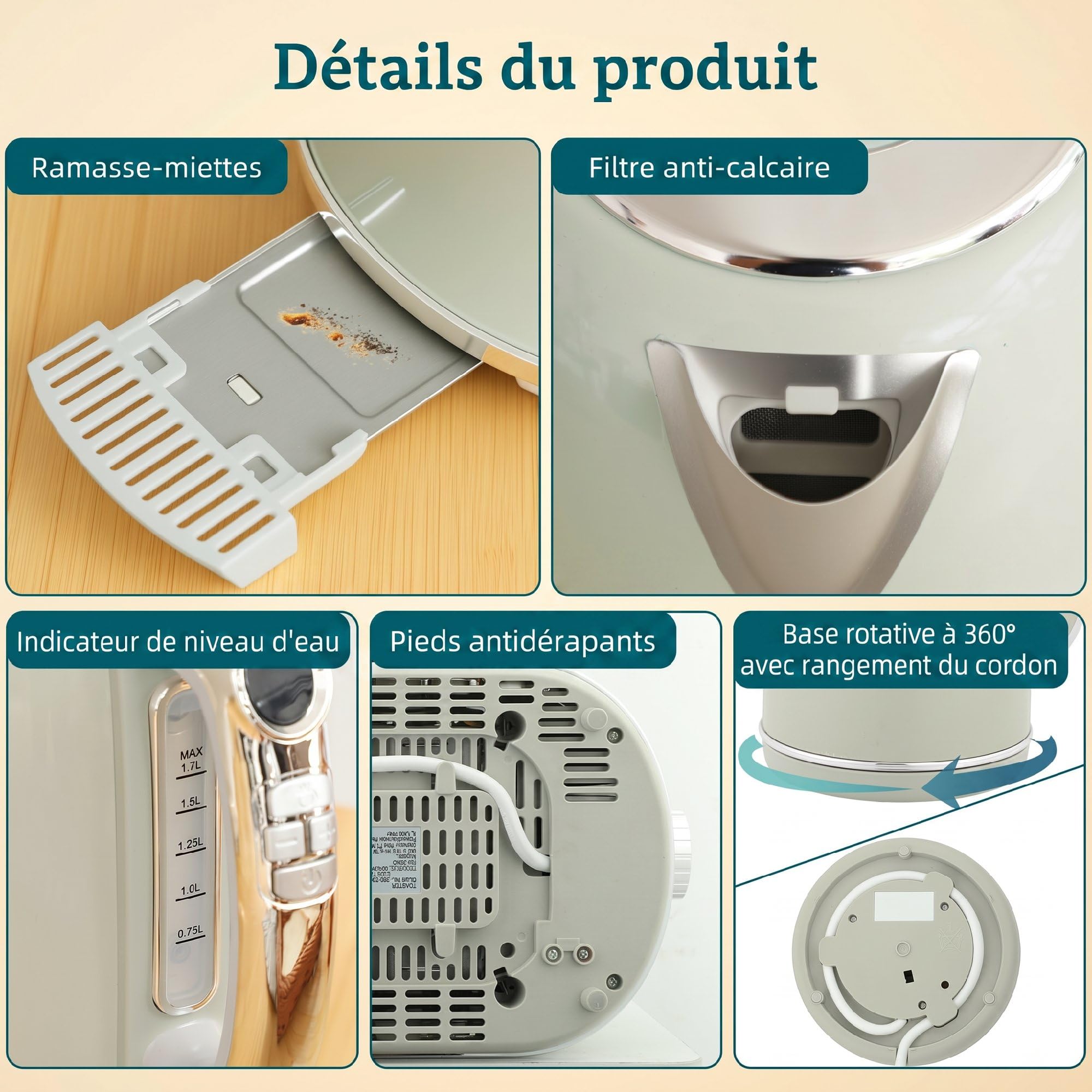 HOMCOM Bouilloire Grille-Pain Inox 2200W 1,7L LED 2 Tranches Gris