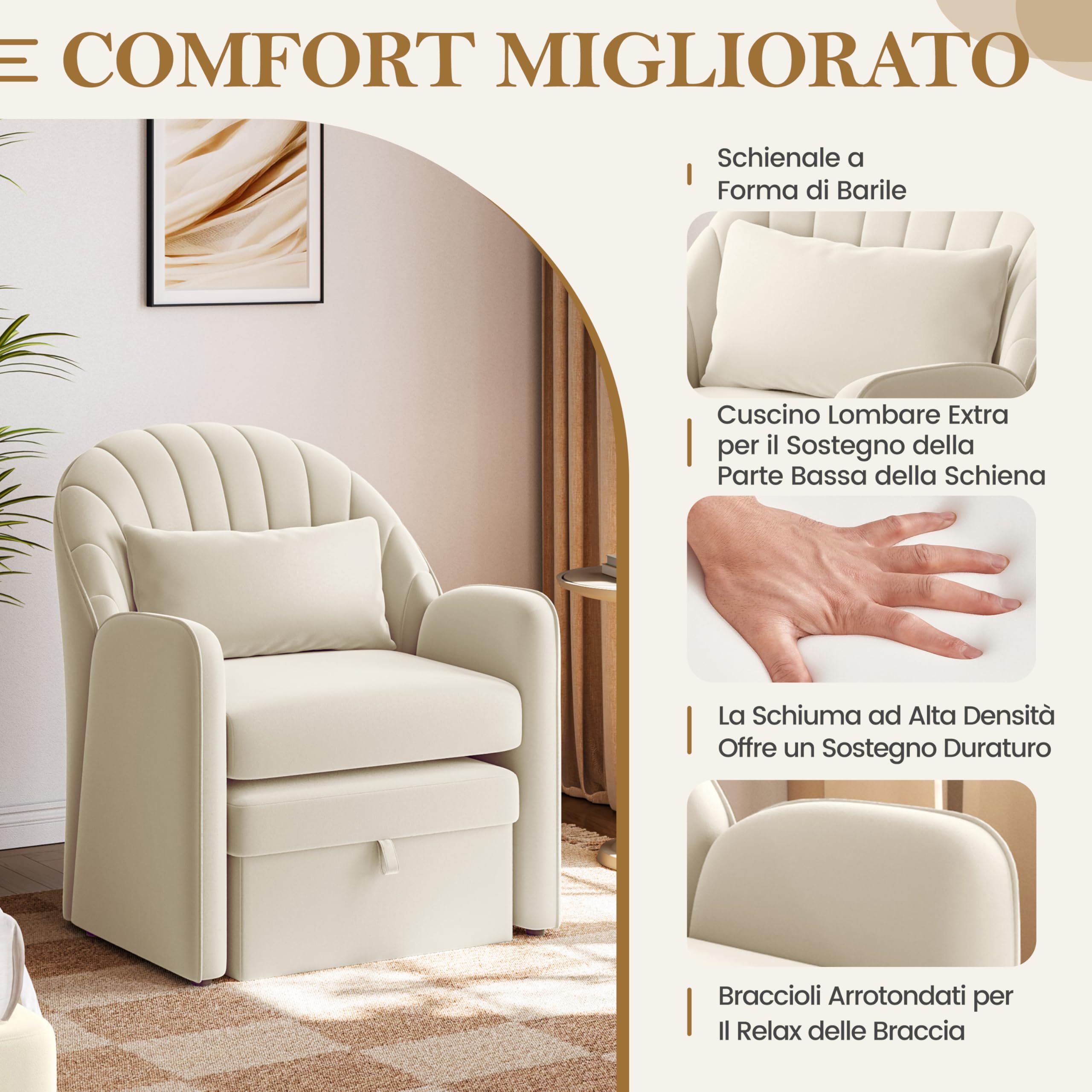 Yaheetech Piccola Poltrona Salotto Moderna Sedia Imbottita con Effetto Velluto con Poggiapiedi Contenitore e Cuscino Lombare Poltrocina Relax con Braccioli per Soggiorno Camera da Letto Lettura Beige