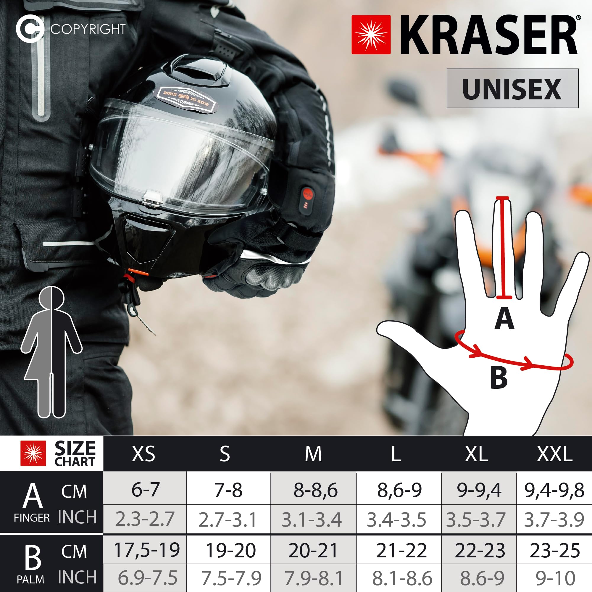 KRASER KRGS28 Guanti Moto Premium Omologato, Protezione in Fibra di Carboni, Pelle e Cordura, Testato Estreme, Impermeabili e Riscaldati, 3 Livelli, Guanti Moto Invernali per Uomo e Donna