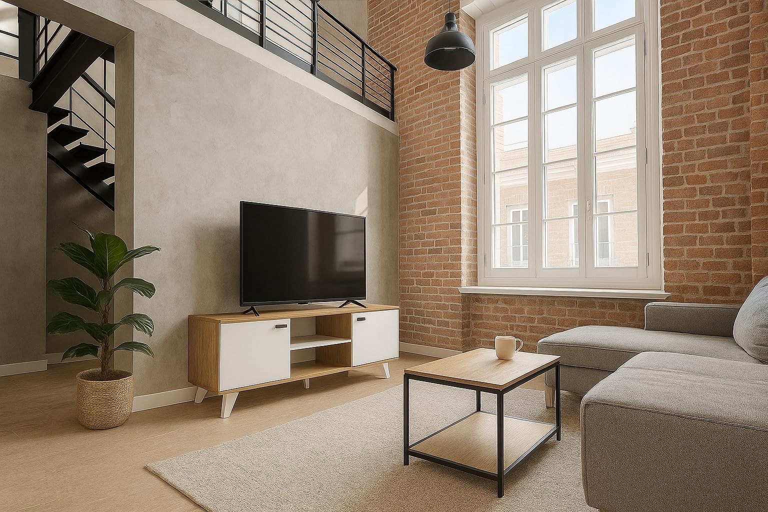 MOMMA HOME Mueble TV, Mueble de Salón Moderno, Mesa de televisión 2 Puertas y Baldas centrales, Acabado en Roble y Blanco, Patas de Madera, QUIATUR, 140 cm L x 51 cm A x 40 cm F.