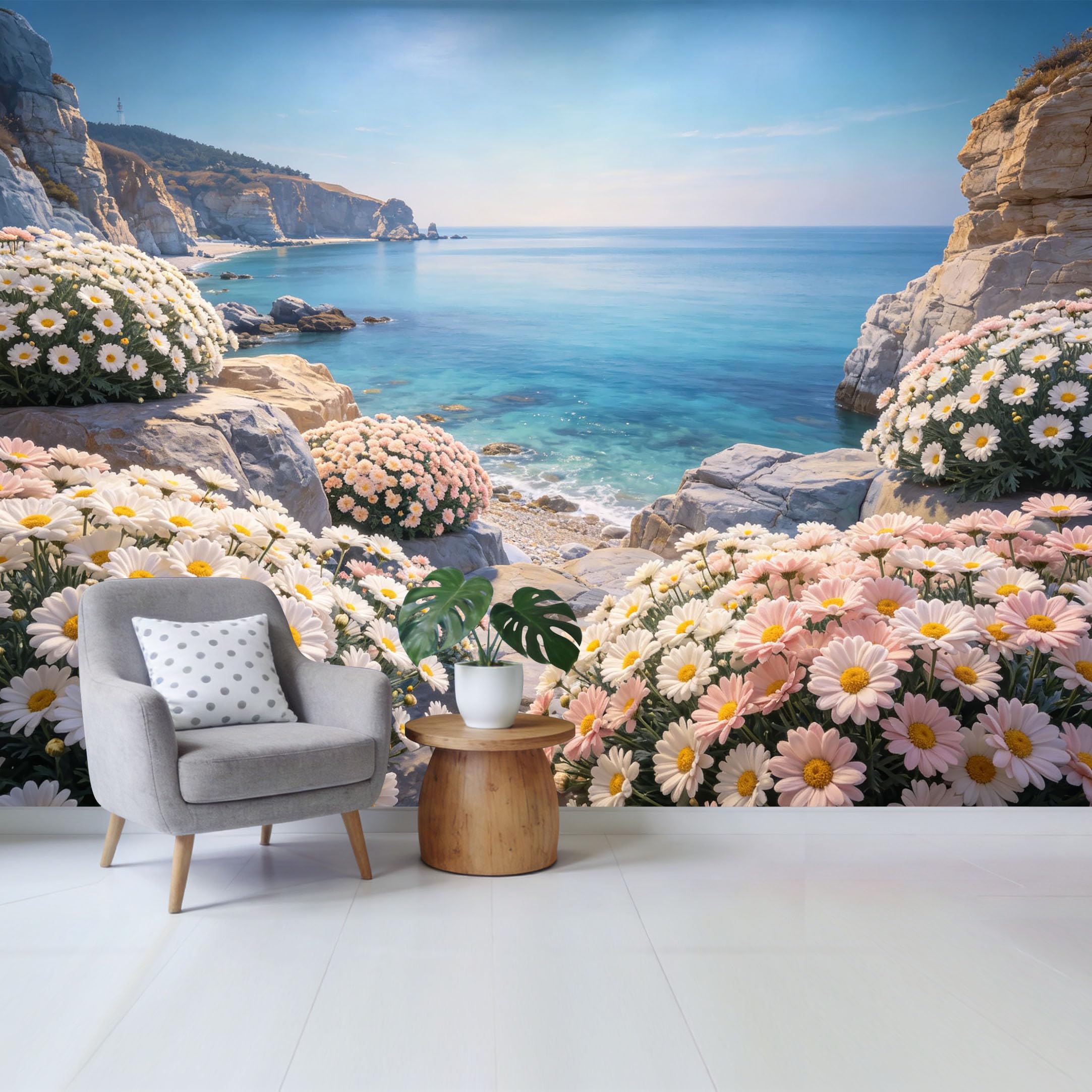 Qzlithotic Yq2605250409 Custom Size Wall Mural Coastal Botanical Landscape White Daisy Flowers Ocean View Selfadhesive Wall Fabric Removable Wallpaper For Home Office Decor