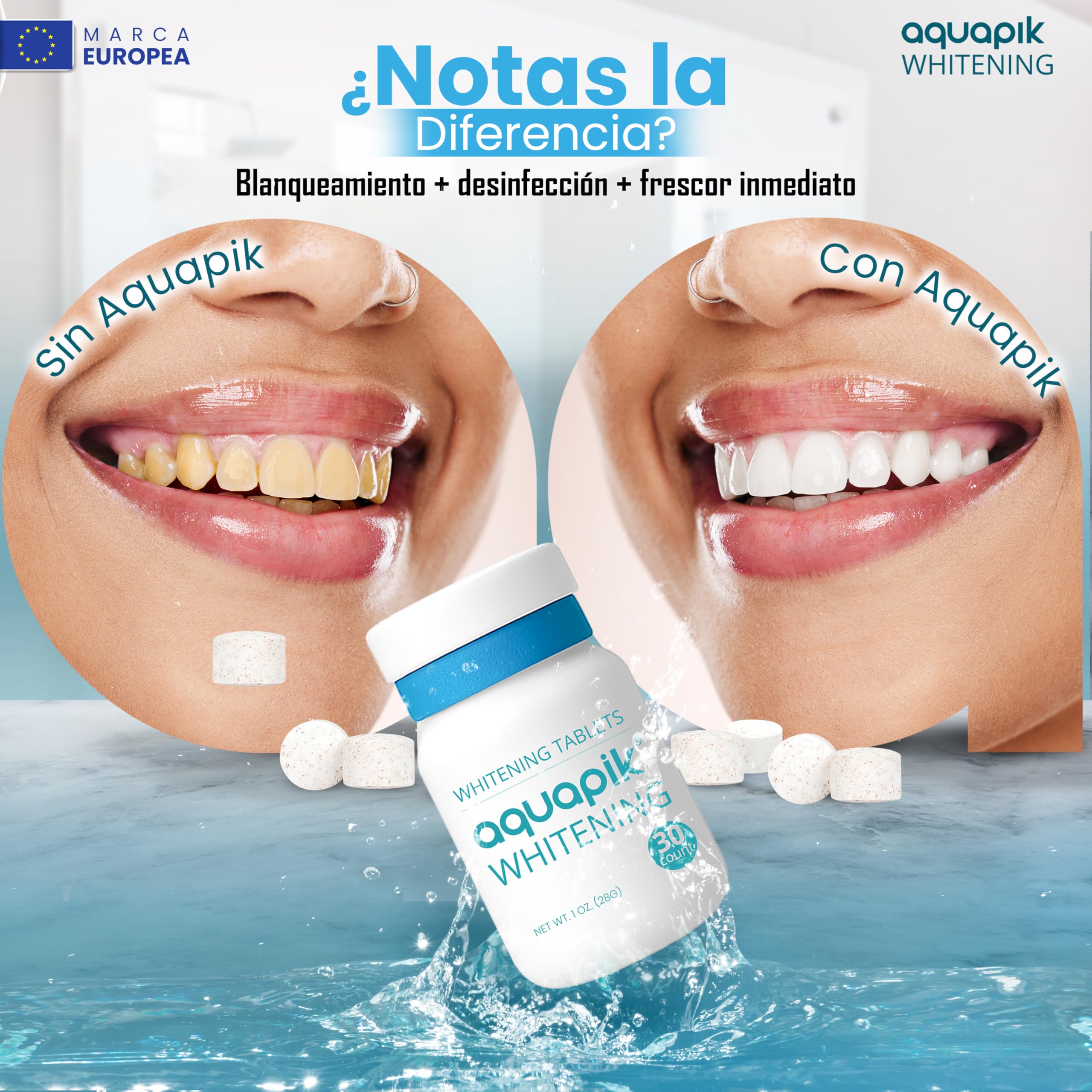Kit Sbiancante Aquapik® WHITENING | 30 Compresse Sbiancanti + Beccuccio per Idropulsore Dentale | Compatibile con Aquapik 100, Advanced e Pro | Denti Più Bianchi | Alito Fresco