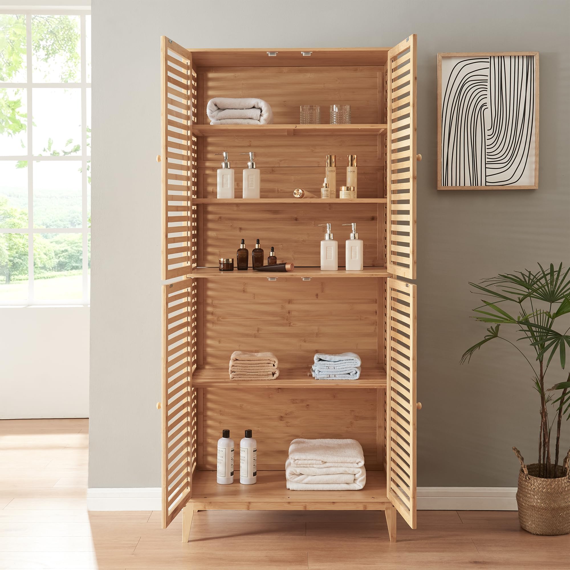 [en.casa] Badezimmerschrank Raurgela 180 x 80 x 40 cm Bambus Badezimmermöbel Küchenschrank Hochschrank Aufbewahrungsschrank