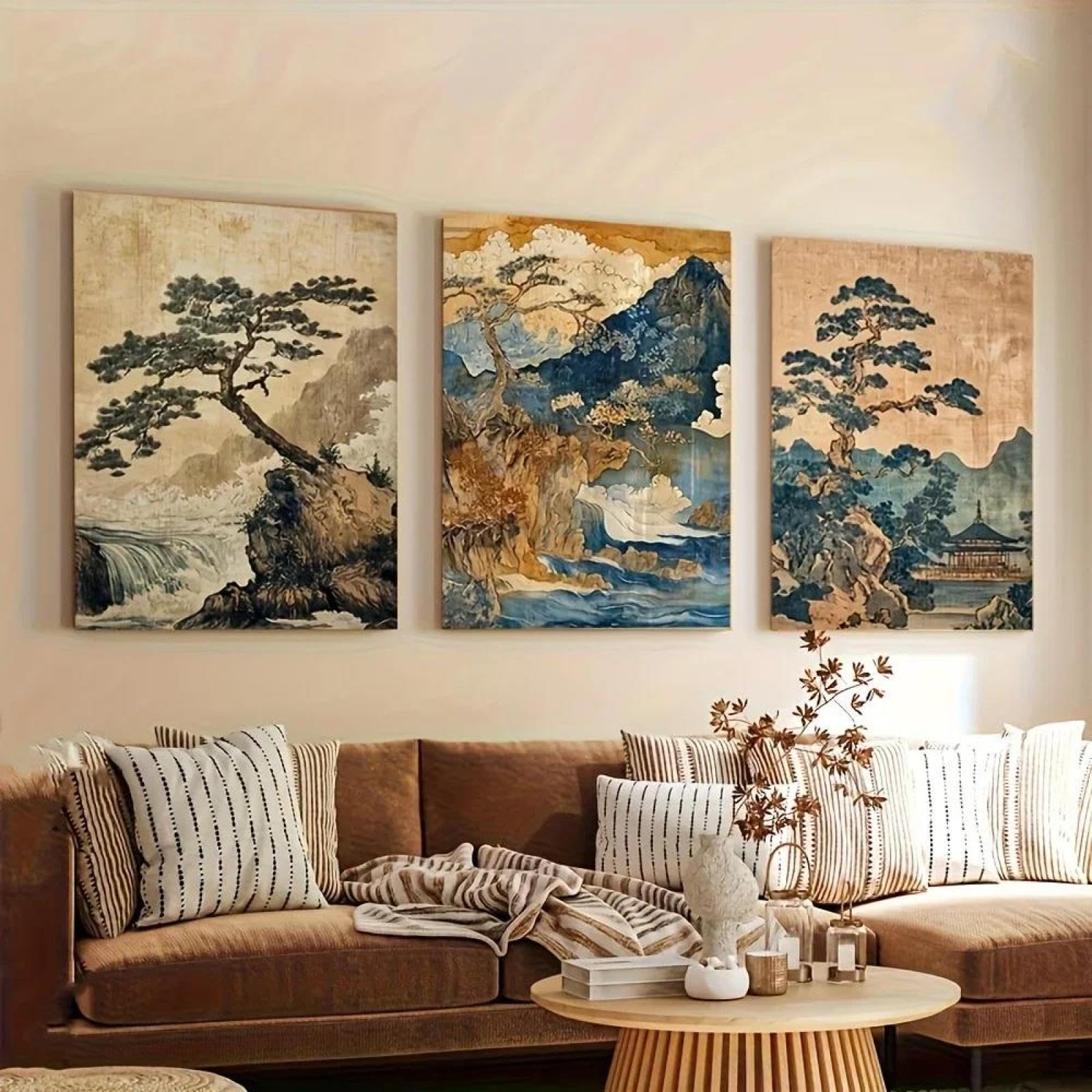 Baibexing Abstract Mountain Trees River Landscape Canvas Painting Poster Prints Wall Art Picture For Living Room Home Decor A3 50X70Cmx3Pcs Unframed