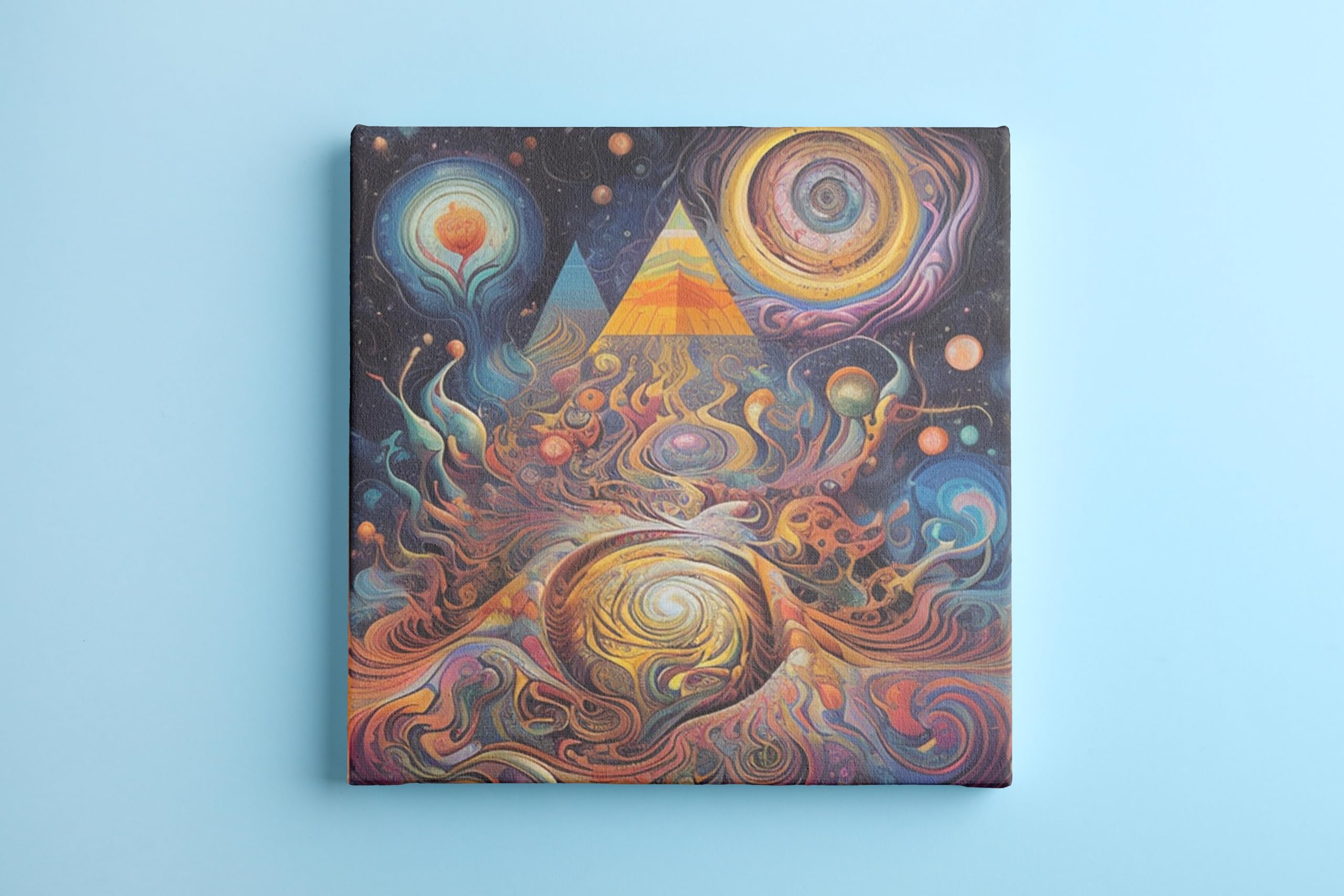 KREATIONS Colourful Abstract Oil Painting Print in the Style of Hannah Yata Lizard Pyramids and UFOs 40 x 40 cm Canvas Print