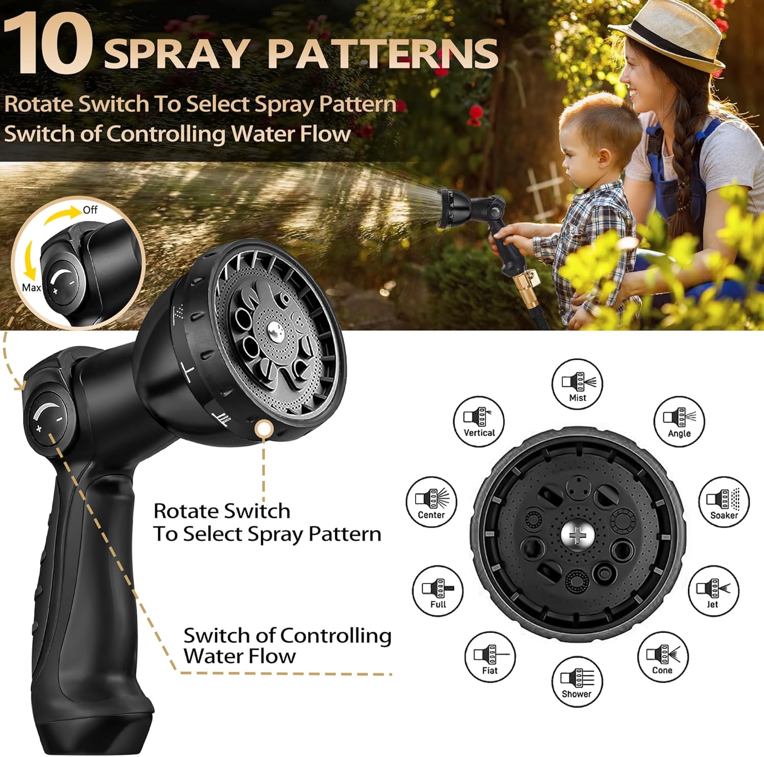 75 FT Garden Hose – 2025 Upgarded Expandable Garden Hose w/10 Pattern Spray Nozzle, 650psi Pure Brass 3/4” Fittings – Lightweight, Durable, and Kink-Free, Retractable Water Hoses for Gardening(Black) - Image 6