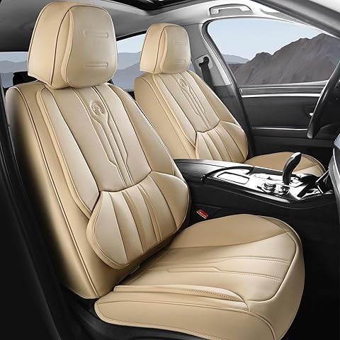 AOOG Car Seat Covers Full Set, Leather Seat Covers for Car, Waterproof Car Seat Protector with Lumbar Support, Automotive Seat Covers Universal Fit for Most Cars SUV Trucks (Full Set, Beige)