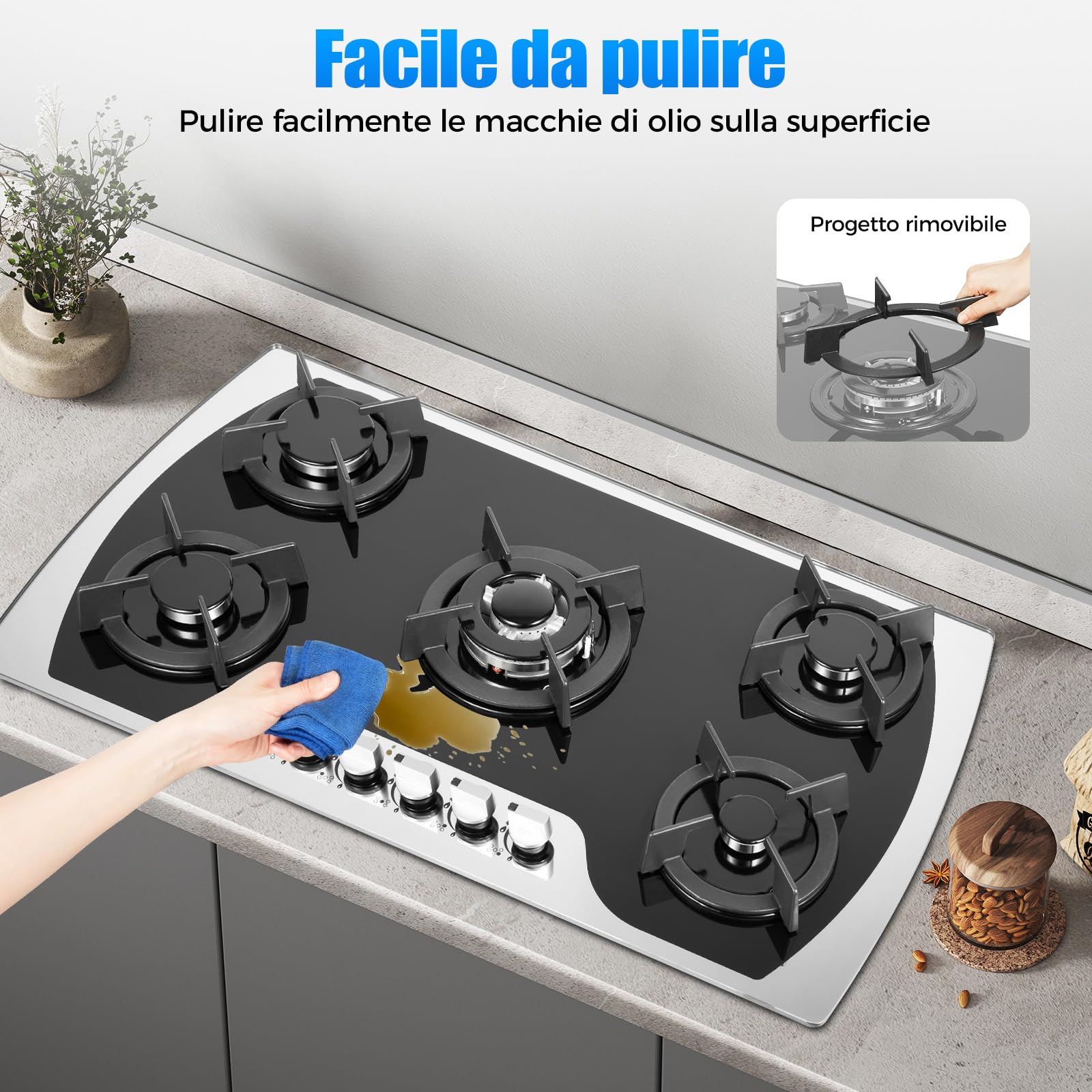 900 x 510 mm, piano cottura a gas a 5 fiamme, da incasso/appoggio, a gas con blocco a bottone, regolazione a 180°, piano cottura a gas LPG/NG, accensione elettrica, sicurezza termocoppia - 2