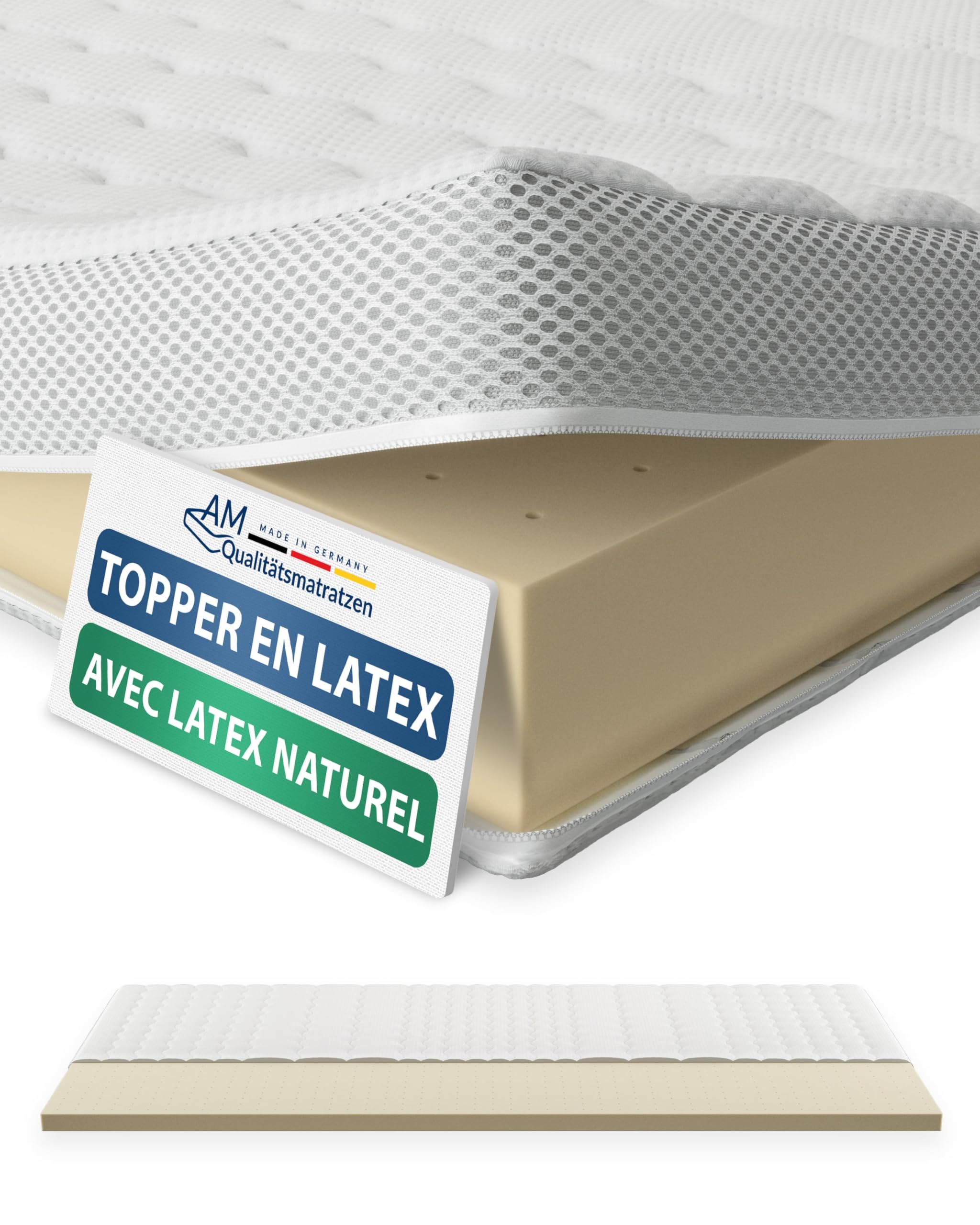 AM Qualitätsmatratzen Surmatelas en latex de qualité supérieure 80 x 200 cm RG65 – Fabriqué en Allemagne – Surmatelas en latex naturel respirant 80 x 200 cm – Surmatelas 80 x 200 cm avec housse en