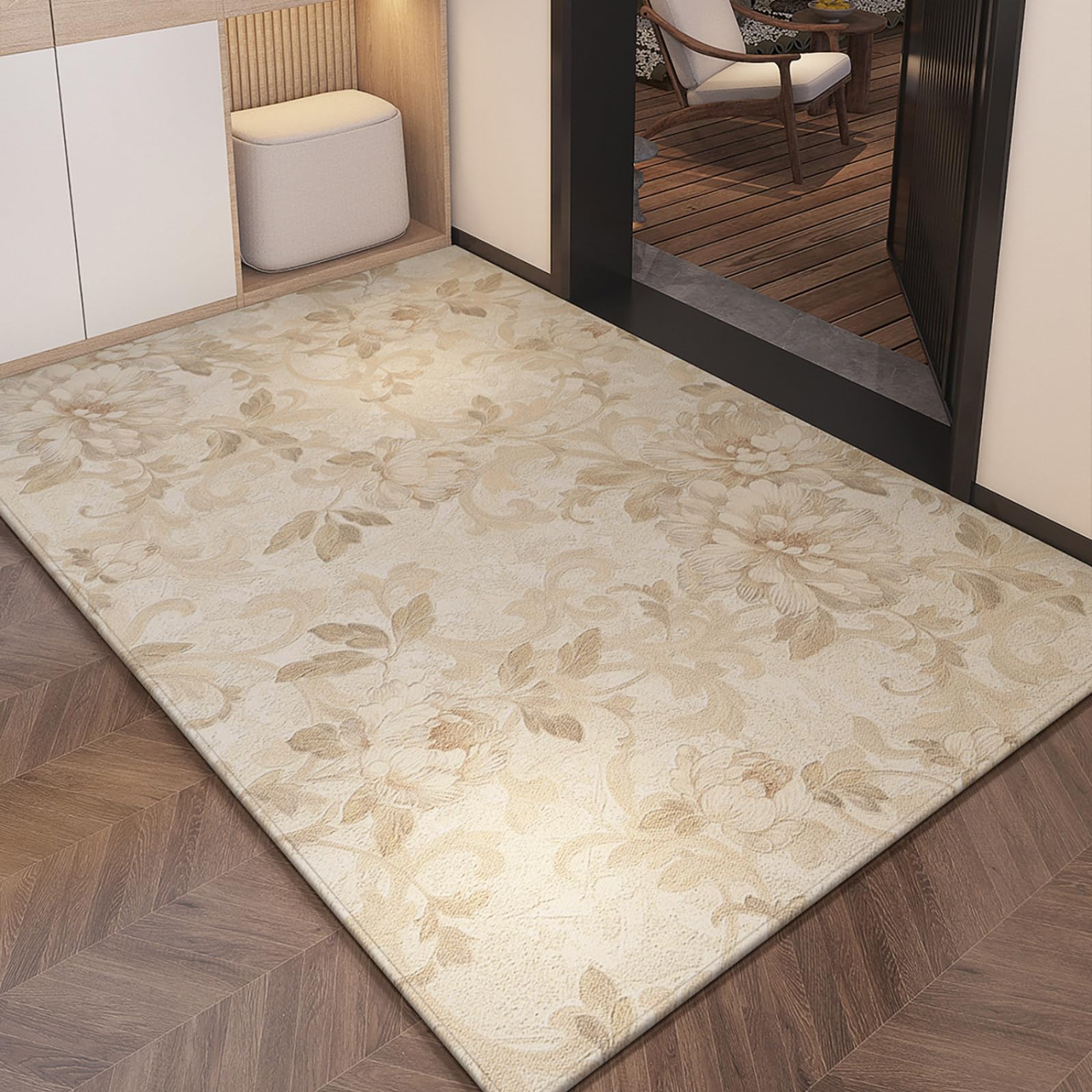 Felpudo Entrada Casa 90x150 Patrón Floral Marrón Claro Beige Felpudo Exterior Antideslizante Lavable Felpudos para Pasillo Cocina Puerta Jardín Decoración Alfombrilla para Entrada