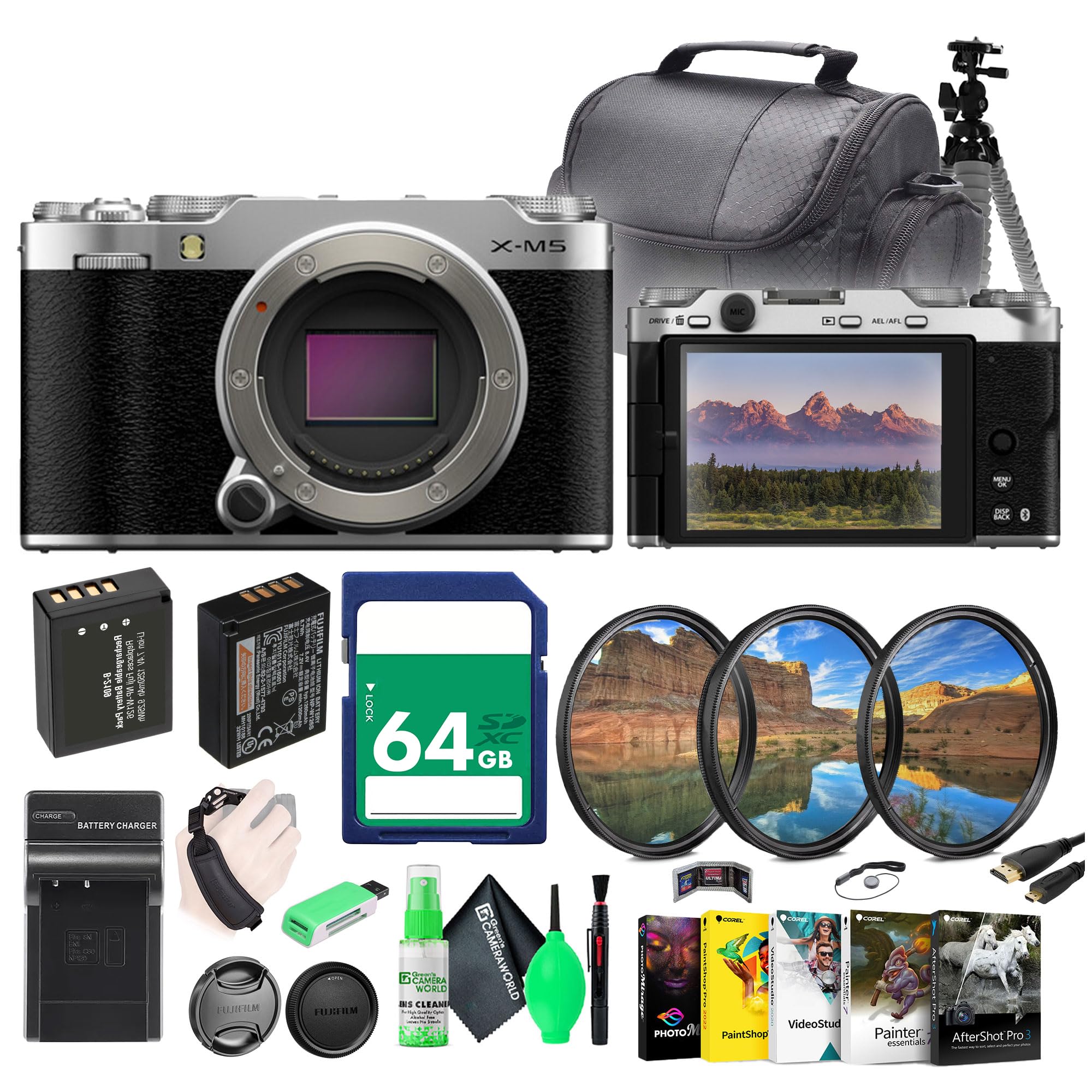 Fujifilm X-M5 Mirrorless Digital Camera Body - Silver Bundle with Battery for Fuji NP-W126 + Charger + 64GB Memory Card + Corel Photo, Video, & Art