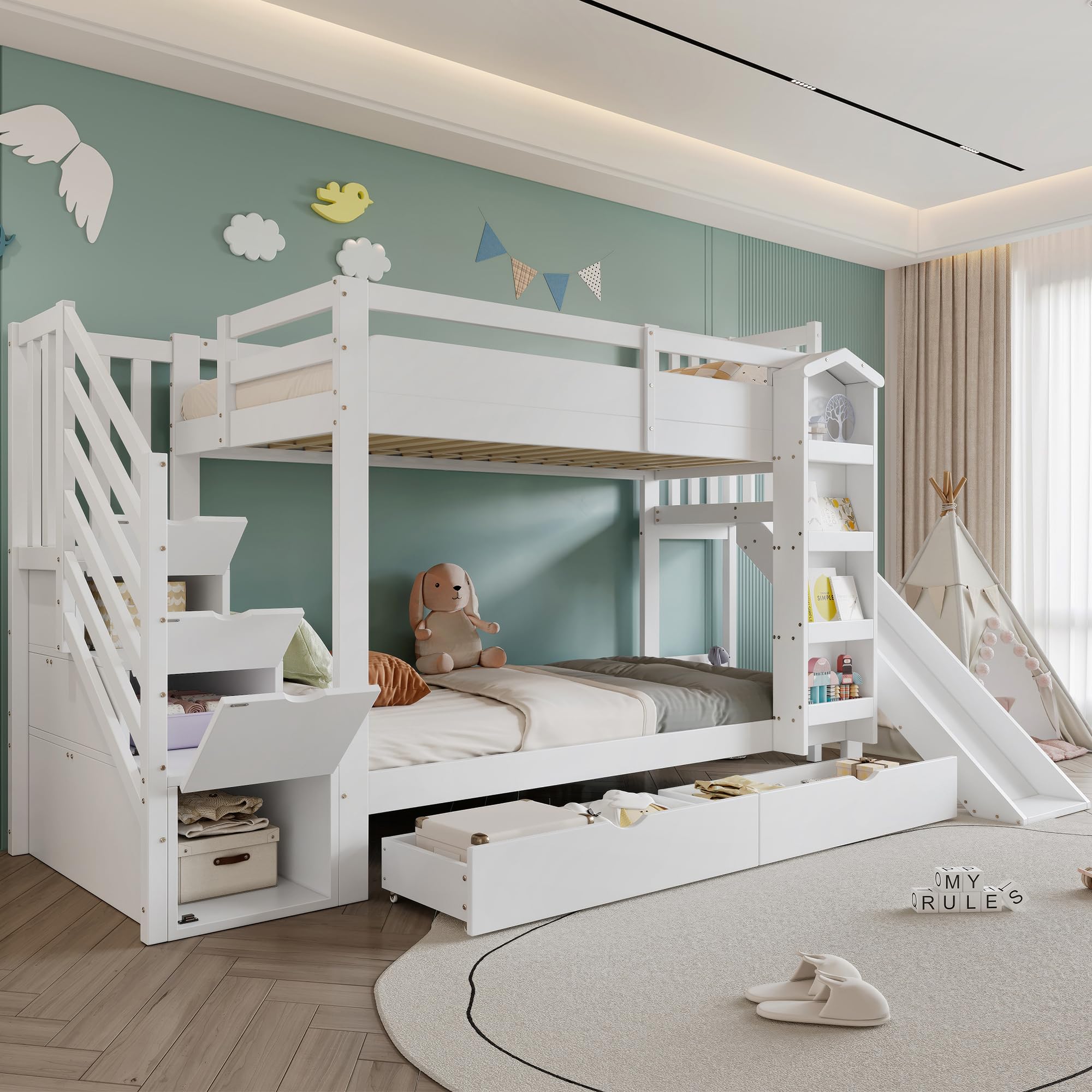 Litera, cuna, con estante para libros, dos cajones con ruedas y tobogán infantil, armario de almacenamiento para escaleras, pino + MDF + madera contrachapada, blanco, 90 x 200 cm