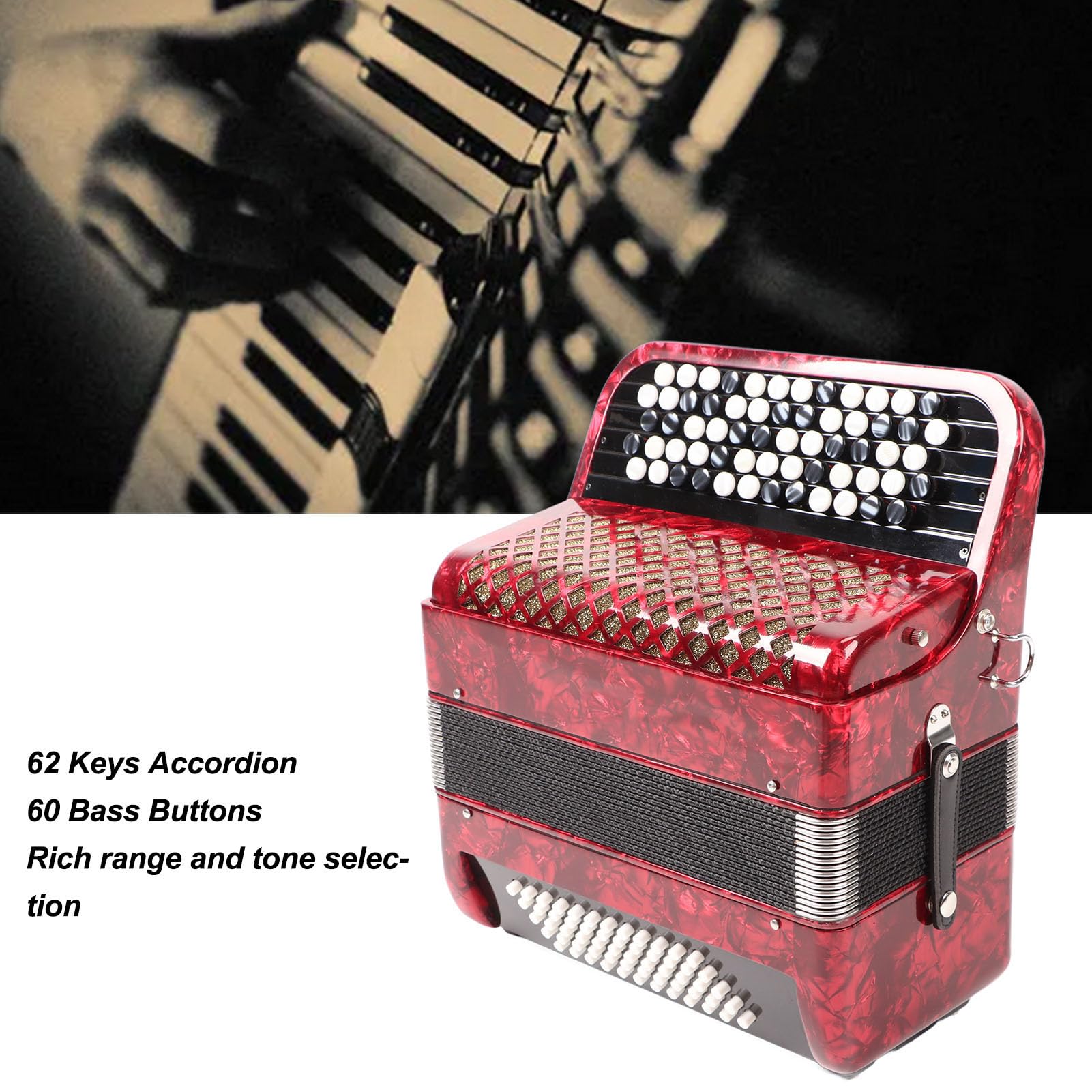 Cuifati Fisarmonica, Fisarmonica Premium a 62 Tasti e 60 Bassi per Principianti e Professionisti con Zaino e Tracolla, Fisarmonica a Bottoni Portatile Premium (rossa)