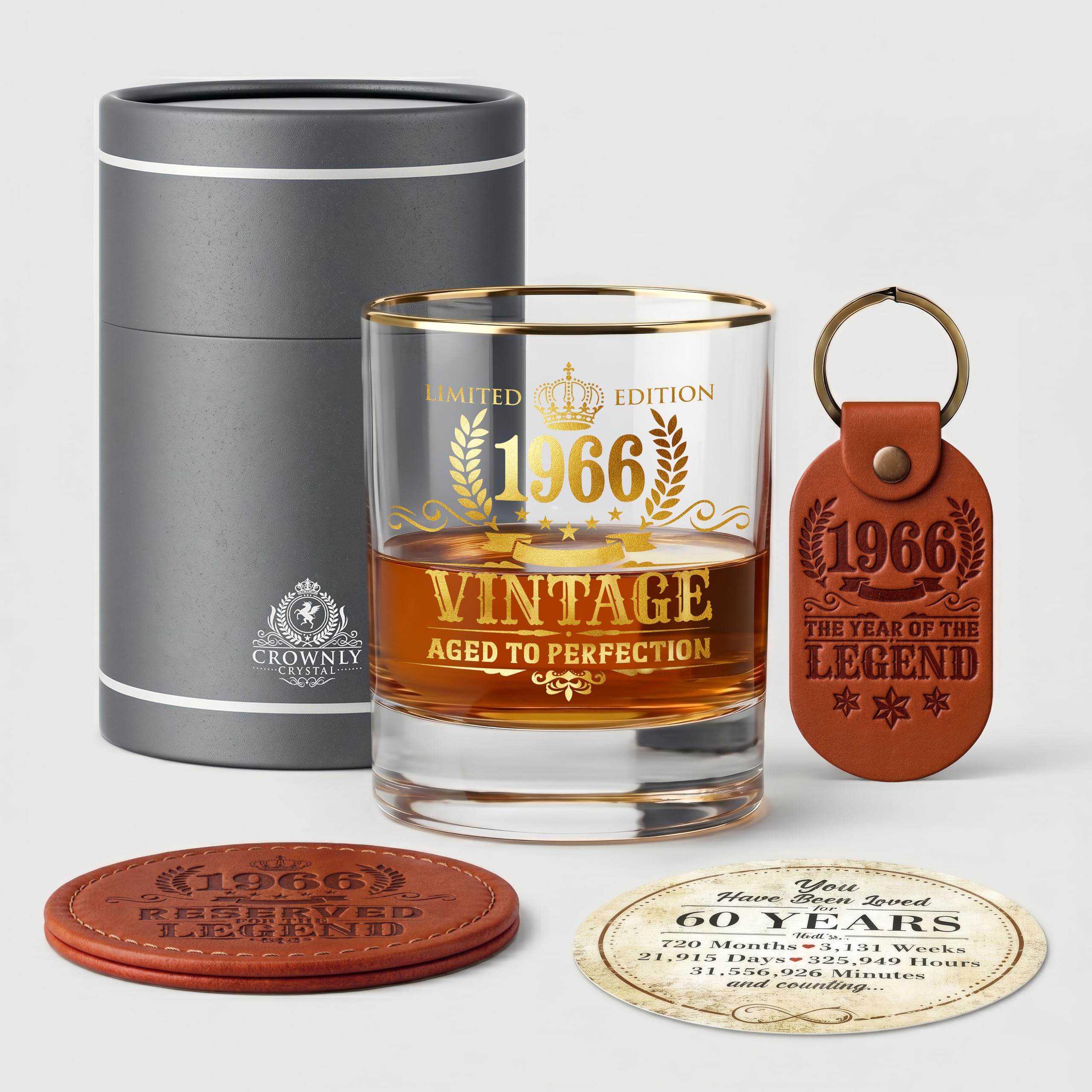 CROWNLY CRYSTALยฎ 1966 60th Birthday Gifts for Men Personalised Whiskey Glasses 60th Birthday Decorations Mens Gifts Daddy Husband Brother Friend Whiskey Gift Sets