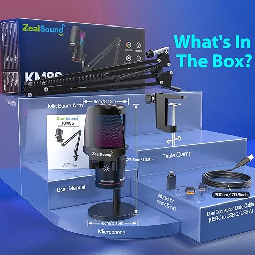 Miniatura 8 de ZealSound Gaming Microphone for PC/Mac/iPhone/Phone – 192kHz/24-bit Podcast Mic with Noise Reduction, Tap-to-Mute, Gain, Monitoring, Boom Arm, Pop