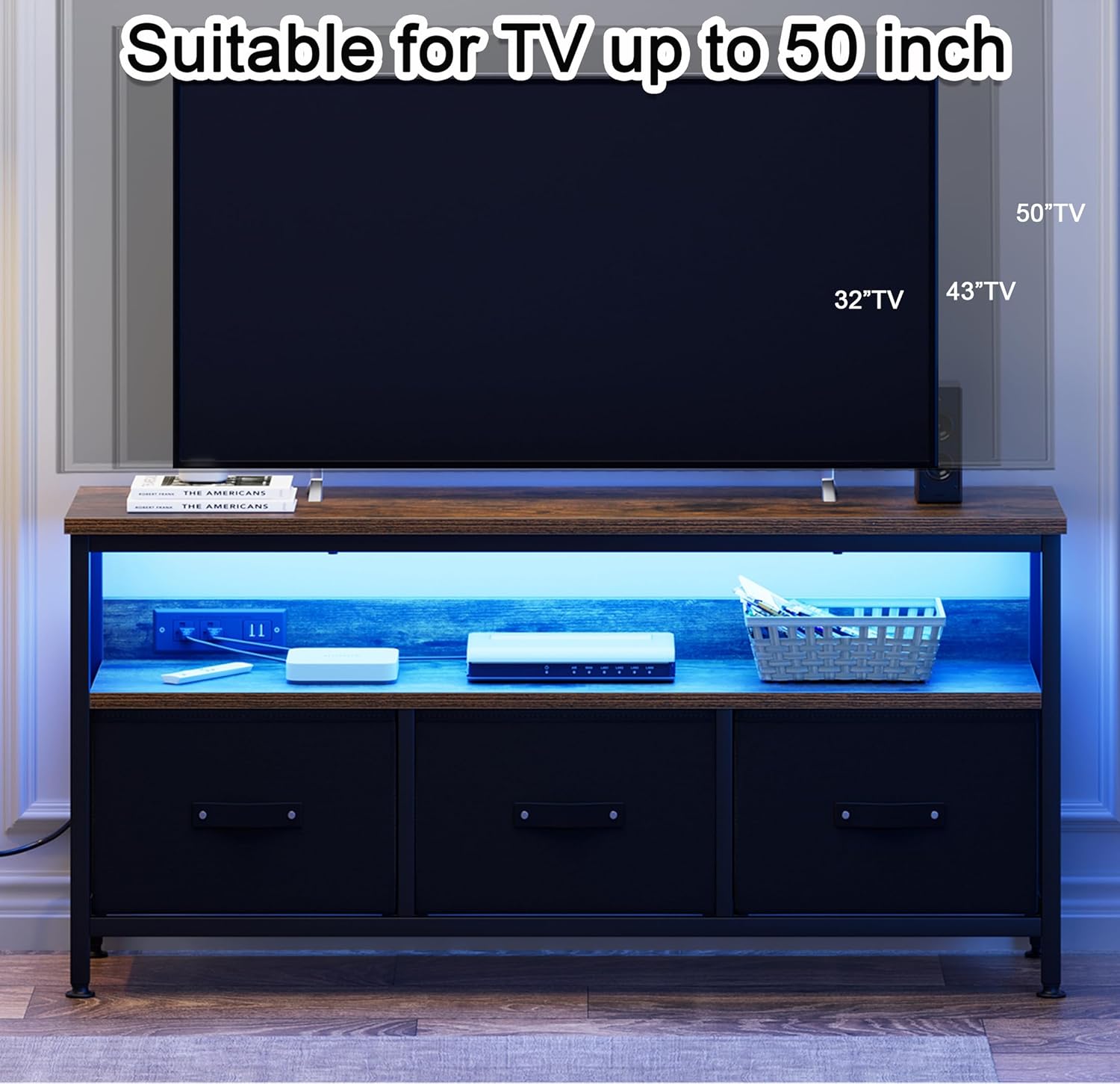 39" TV Stand for TVs up to 50", Media Console with Charging Station & LED Lights, 2 Drawer Storage Chest, Gaming Entertainment Center with Storage for Living Room, Brown, Medium