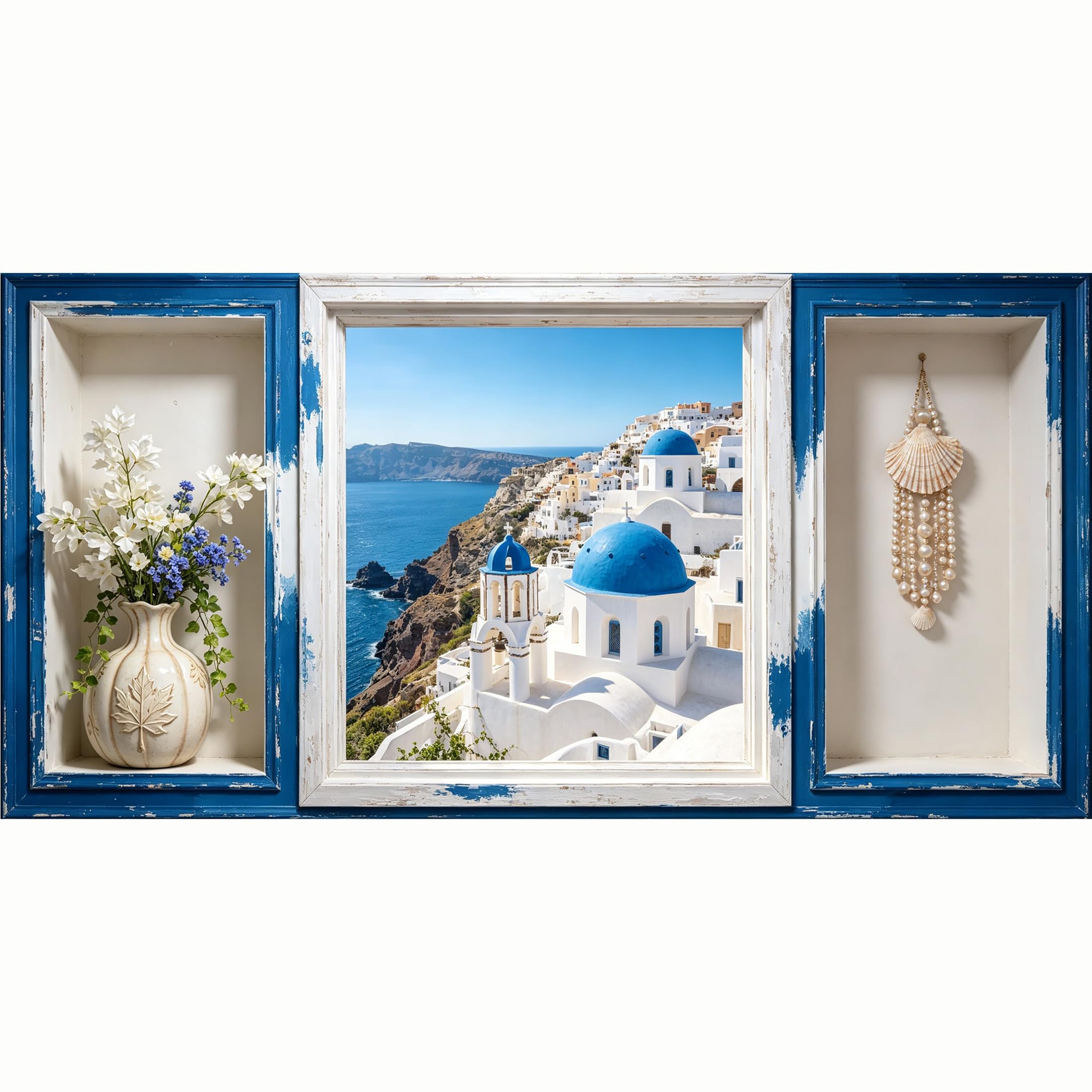QZLITHOTIC 50x100cm 3D Framed Wall Art， Mediterranean Santorini Coastal View 3D Trompe l'oeil Self‑Adhesive Mural， Water‑Activated Peel & Stick Fabric Decor Wall Decal for Bedroom Living Room