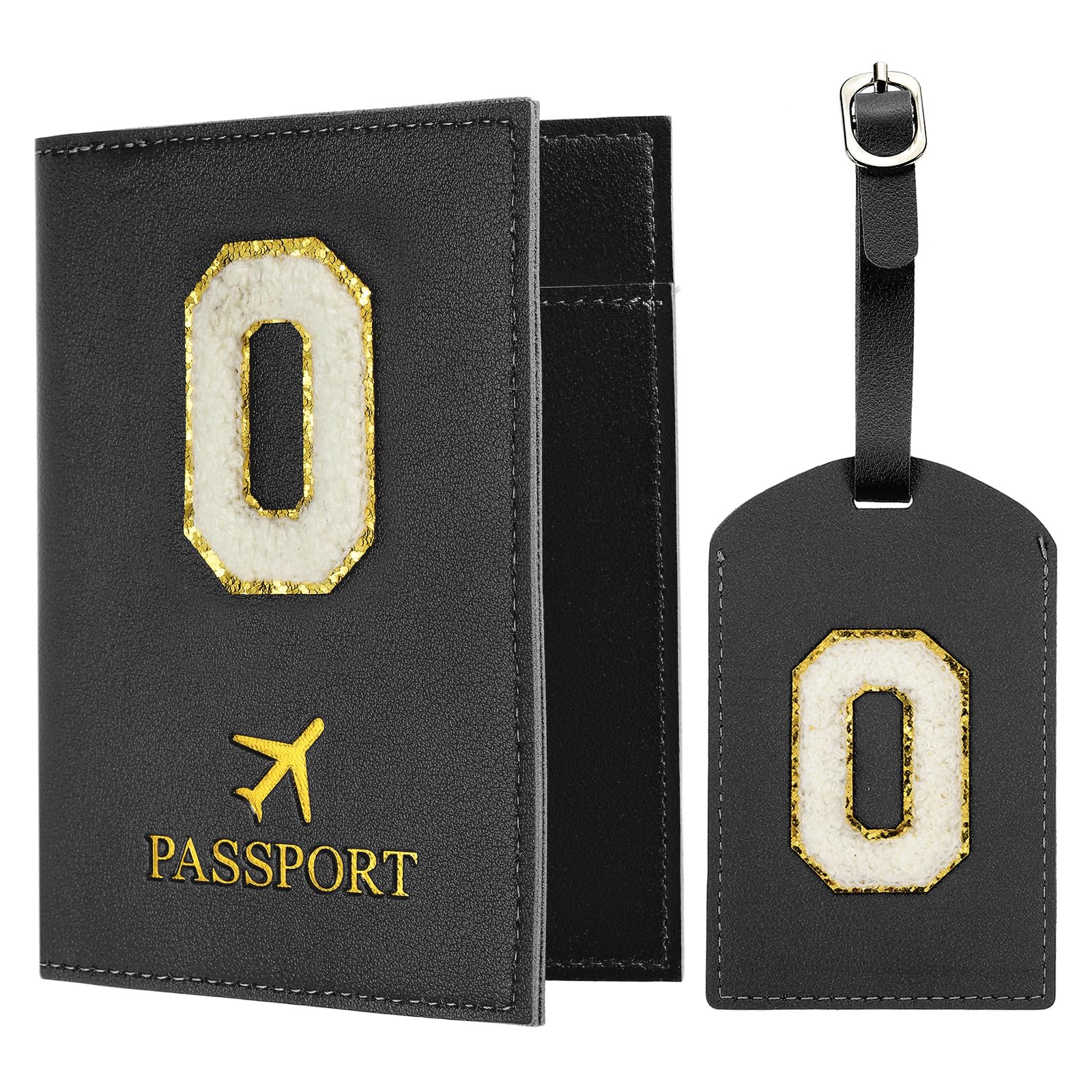 Passport Holder for Travel, Initial Passport Cover and Luggage Tag Set with Alphabet Chenille Letter Patch Travel Wallet Bag Suitcase Identifier for Women Family Travel Black O, Black, Modern-image-46