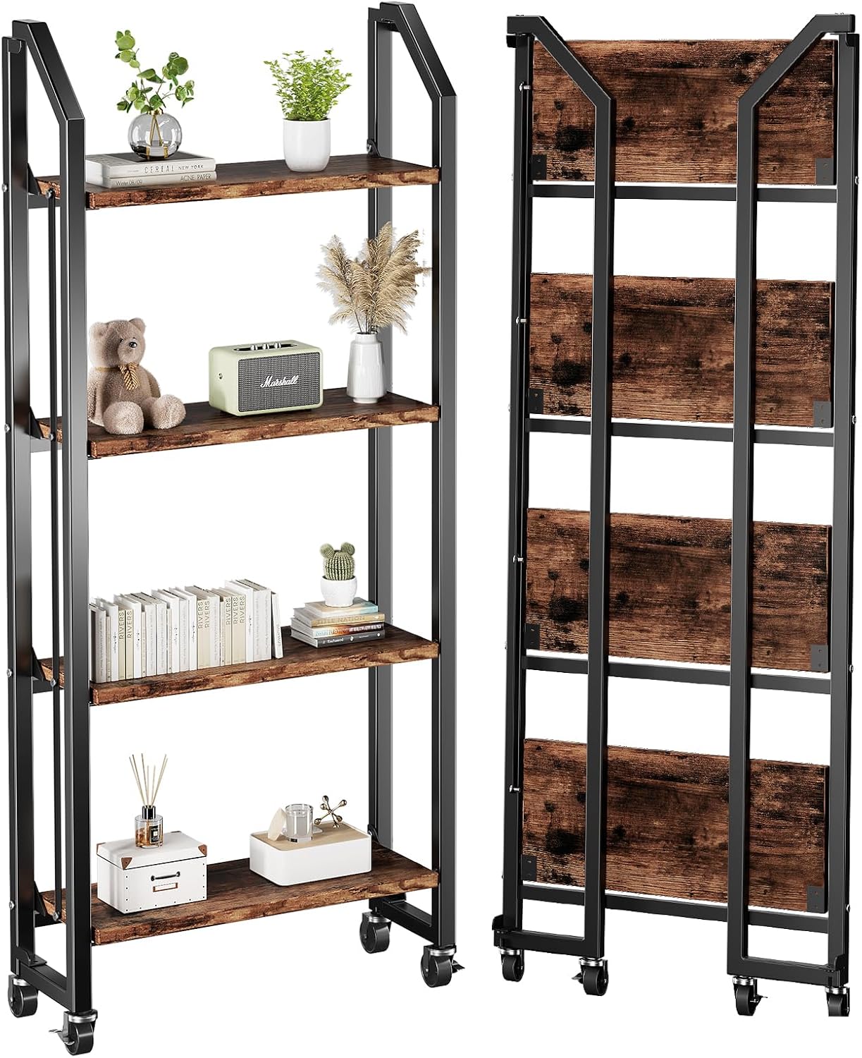 No Assembly Folding Bookshelf for Living Room, 4 Tier Collapsible Book Shelf for Home Office, Portable Bookcase Storage Organizer