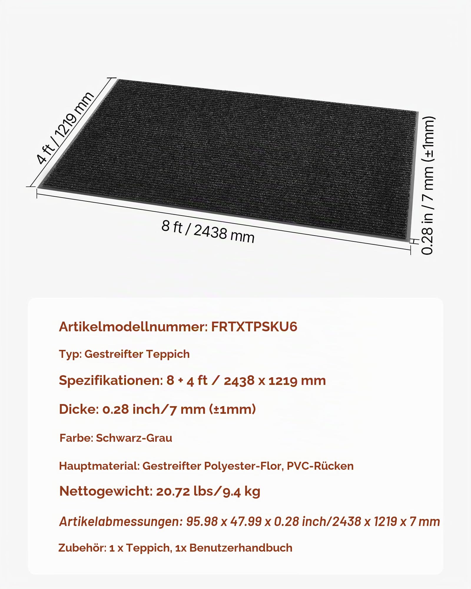 VEVOR Schmutzfangmatte, 2438x1219 mm, Fußmatte für Innen & Außen, Sauberlaufmatte mit PVC-Rückseite, Türmatte, waschbarer Eingangsteppich für Flur, Balkon, Garage, gestreift, Grau