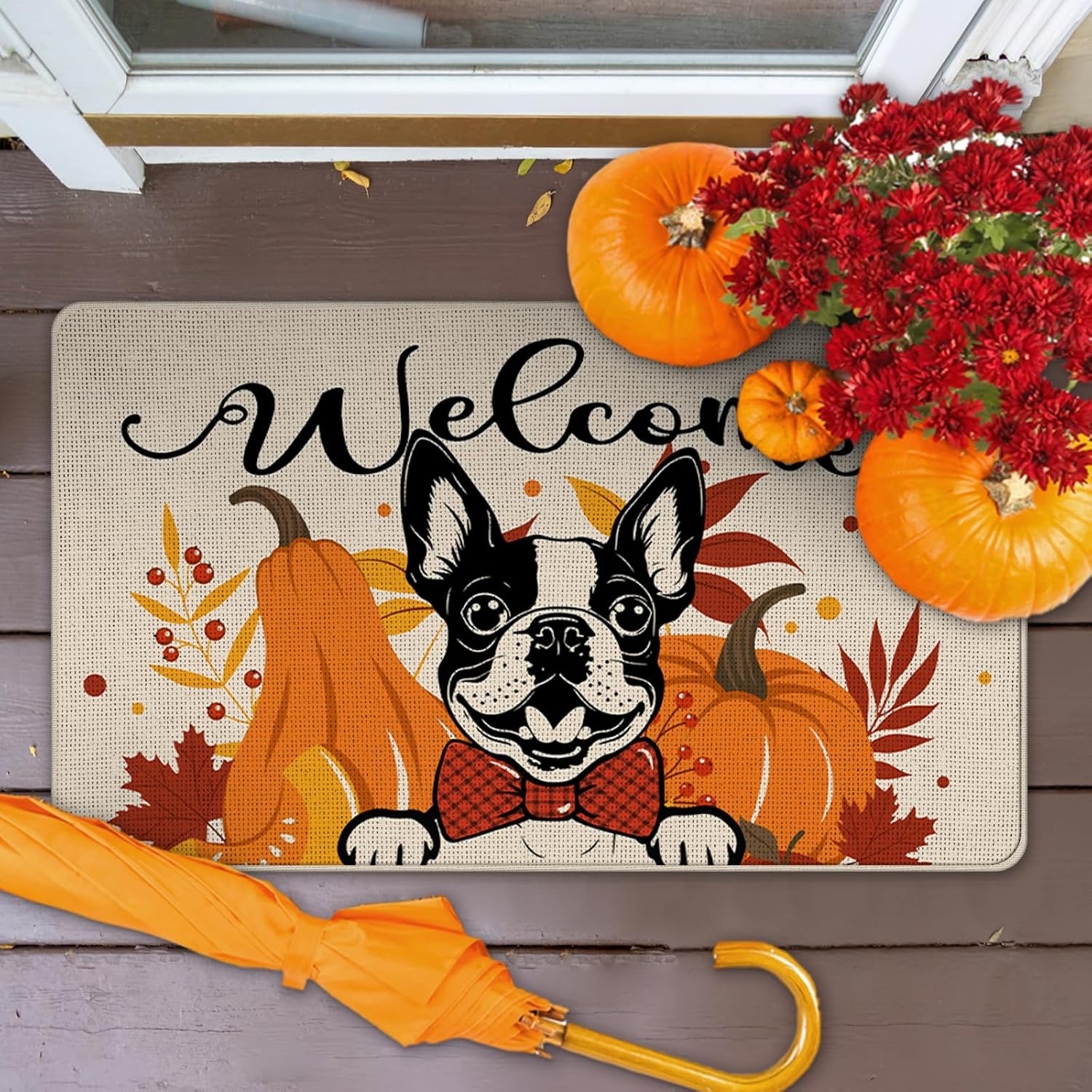 Welcome Fall Boston Terrier Dog Front Door Mat, Autumn Thanksgiving Pumpkin Decorative Doormat Non-Slip Floor Entryway Rug, Indoor Outdoor Home Kitchen Decoration Pet Lover Gift 17x29 Inches