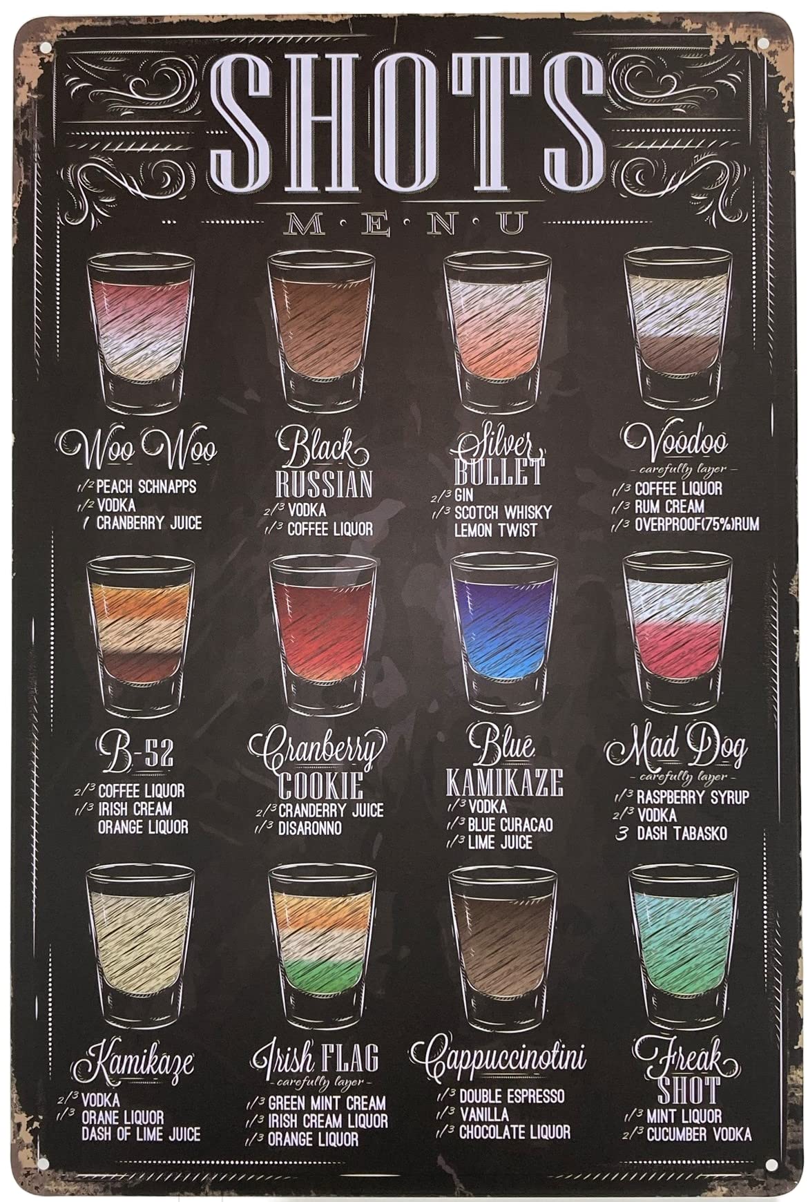 Tin Sign | Metal Wall Sign | Shots Menu with Shots Recipes 8 x 12 in. | Fun Decoration Poster for Home Bar Room Garage Decor | Vintage & Retro Style Plaque