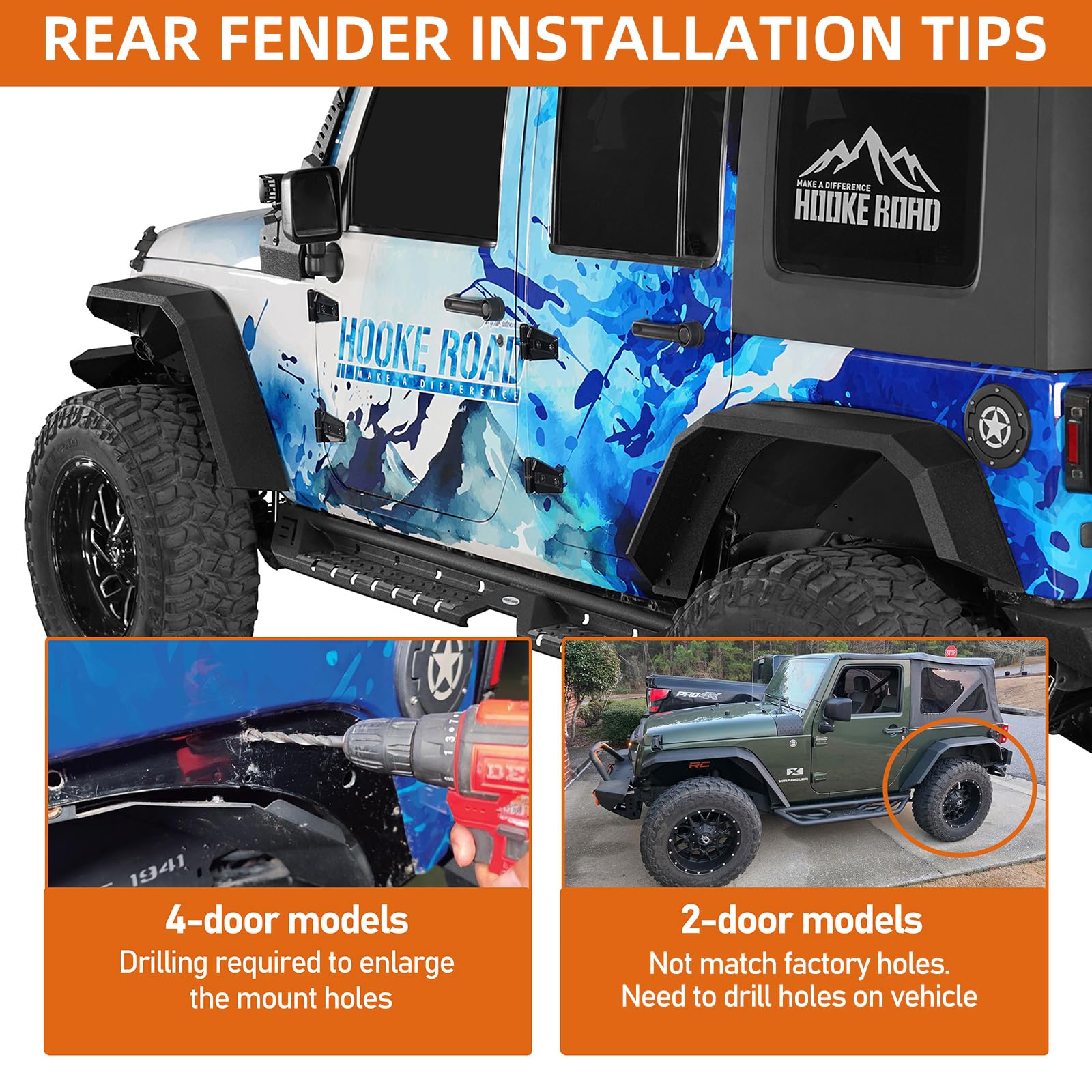 Hooke Road Flat Fender Flares for 2007-2018 Jeep Wrangler JK 24 Doors | Front & Rear Steel Fenders Enhanced Flat Style Offroad Wheel Guard Extra Tire Clearance Moderate Drilling Install product thumbnail 7