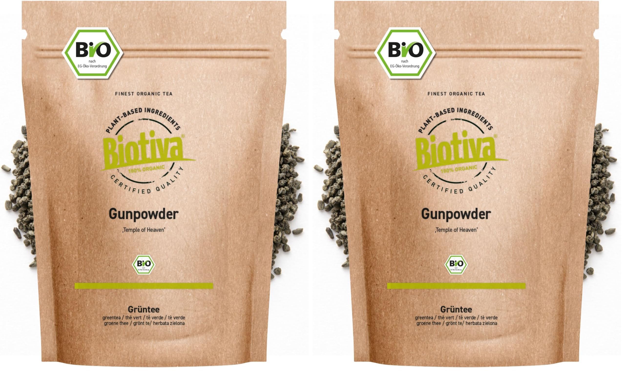 Grüntee Gunpowder Temple of Heaven Bio 800g - gerollte kugelförmige Teeblätter - hellgrüne Tasse - angenehm mild frisch feinherb süßlich - Fairbiotea-Teegarten Qingshan - Biotiva (Packung mit 2)
