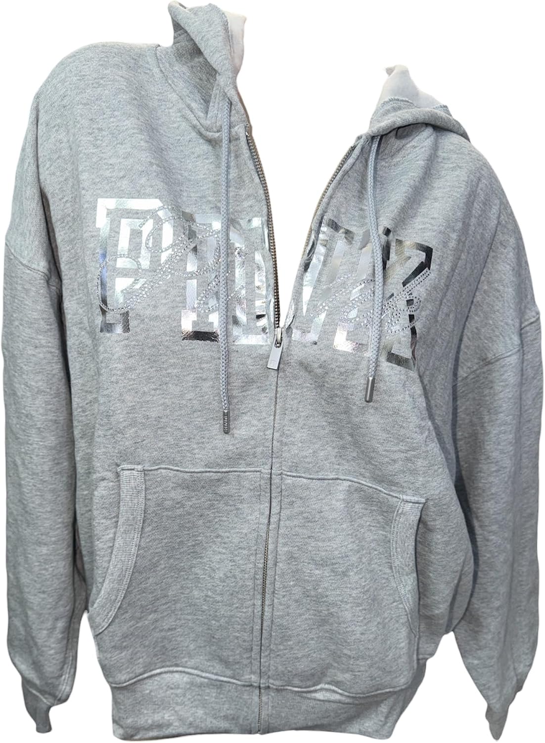 Victoria's Secret PINK Ivy Fleece Campus Full-Zip Hoodie Rhinestone Gray Limited Edition New
