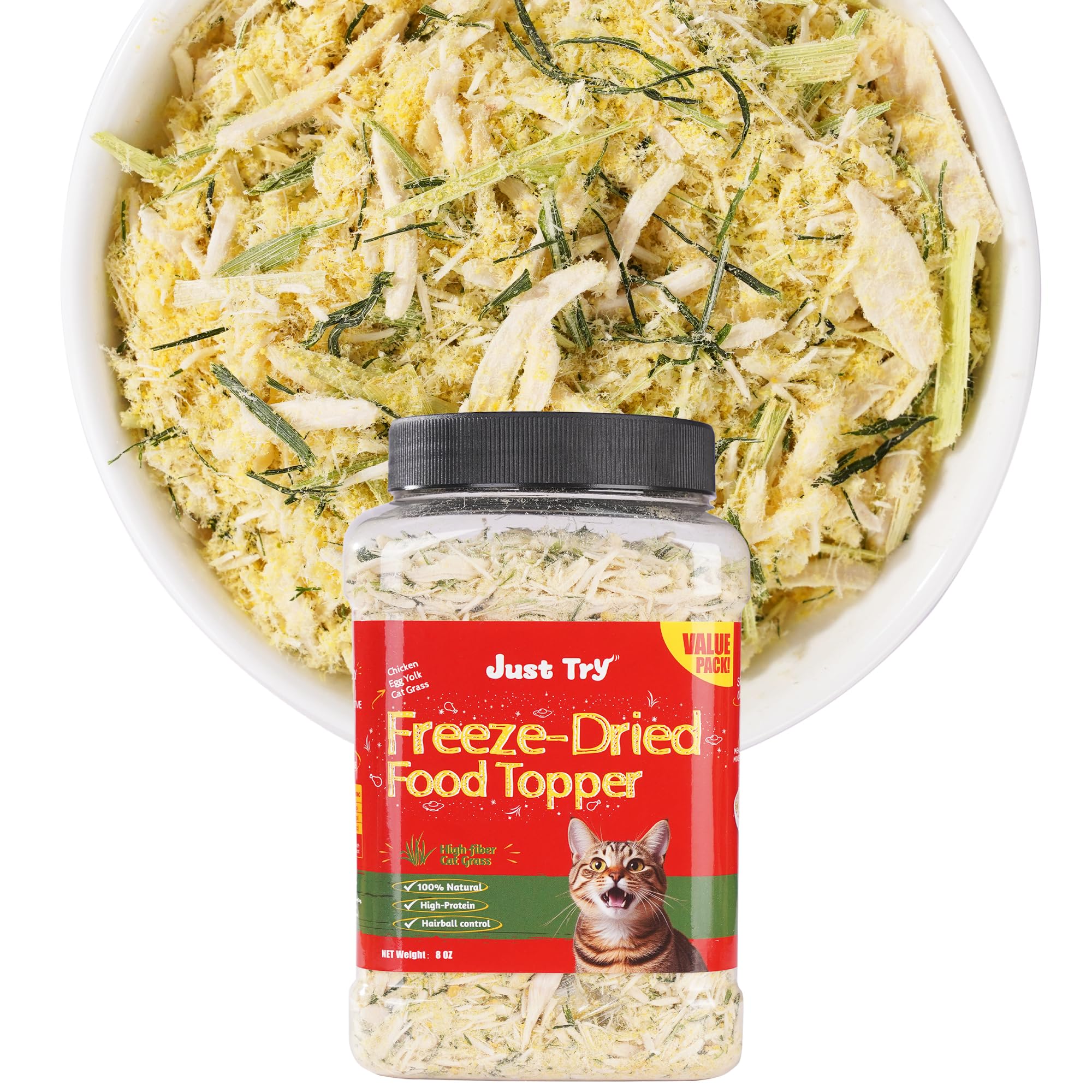 Just Try 8 oz Cat Grass Treats Freeze Dried Cat Food Toppers Mixers Hairball Control Low Calorie Real Chicken Egg Yolk Dental Care Healthy Cat Snacks