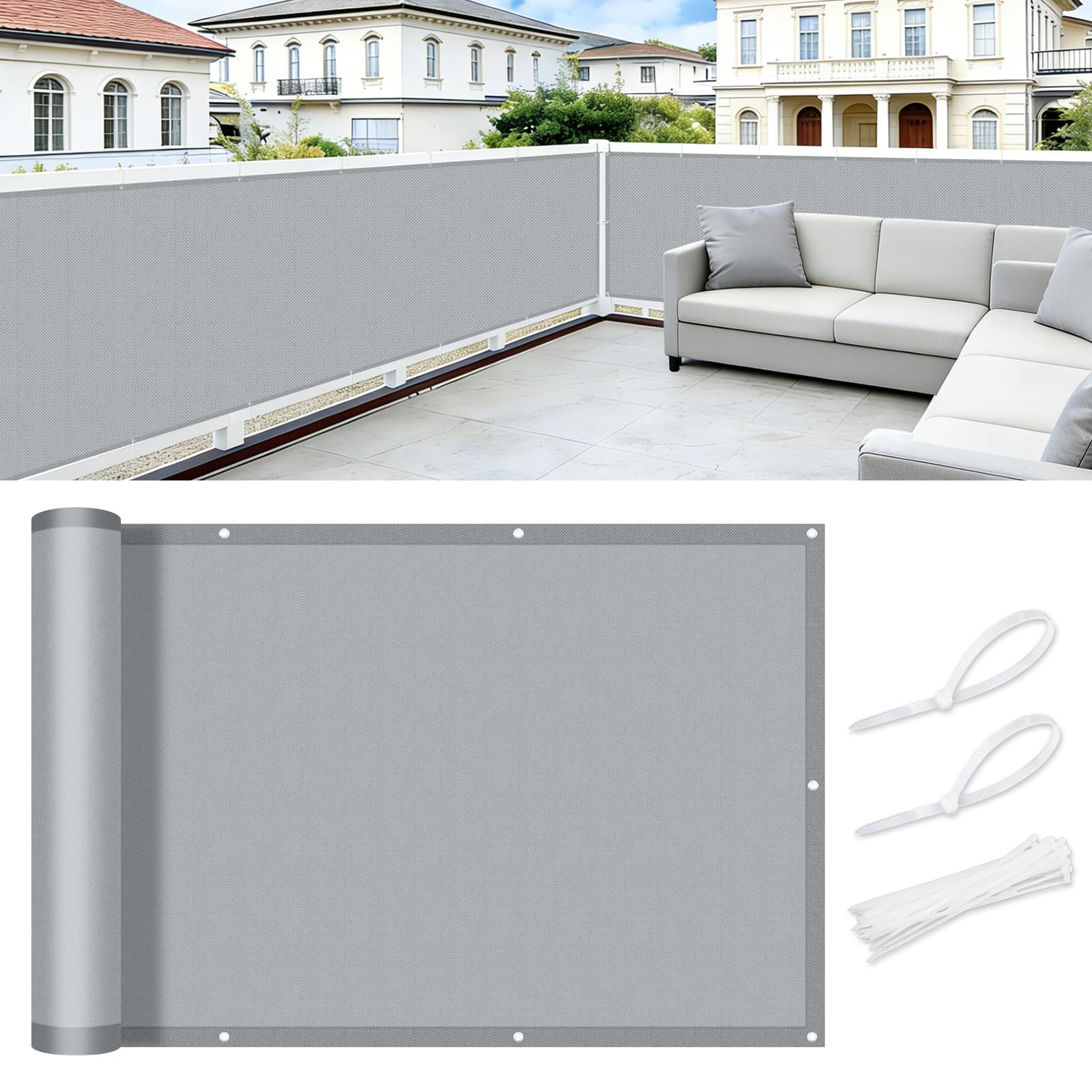 Cool Area Pantalla Privacidad para Balcón 100x200 cm Impermeable Malla de Ocultacion Protección Opaca para Jardín Exterior Terraza,Protección UV,Resistente al Viento,con Ataduras de Cables,Grey