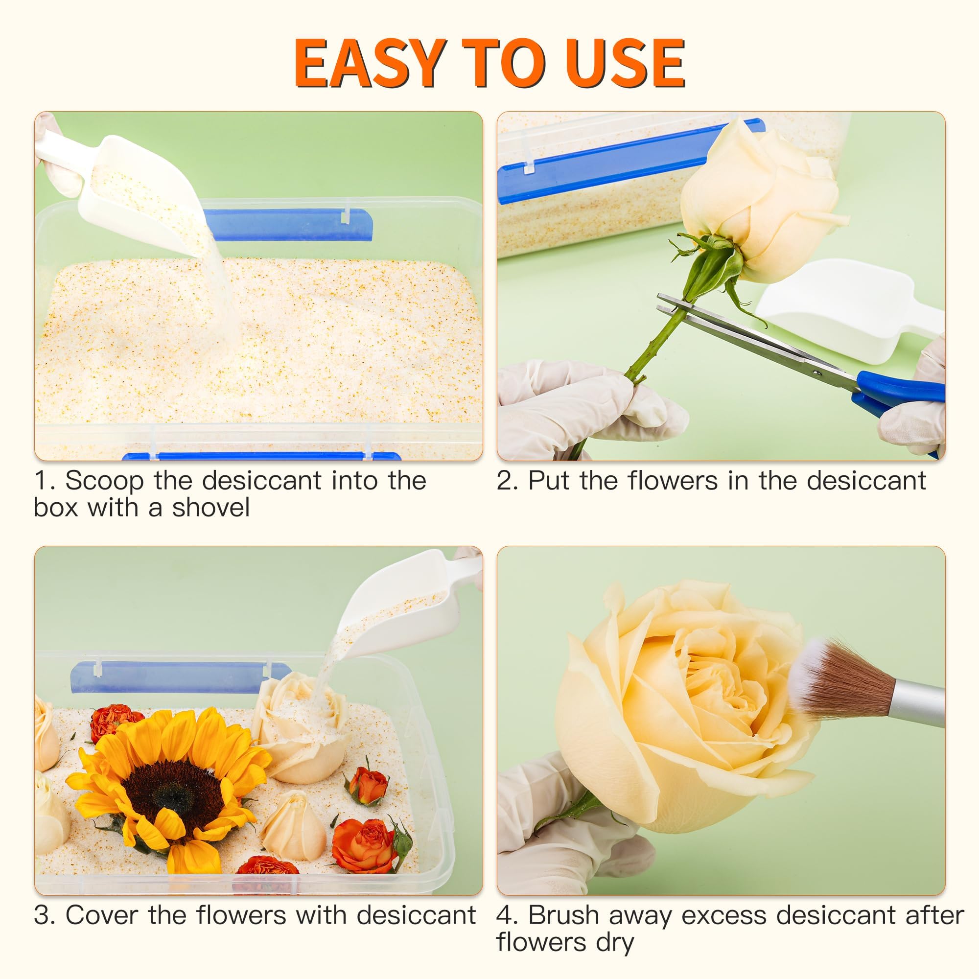 Aboofx Kit de Secado de Flores con Gel de Silice 5 lbs (2.27 kg), Cristales Reutilizables con Indicador de Color, Contenedor Hermético, Cepillo, Espátula y Guantes, Kit de Conservación DIY