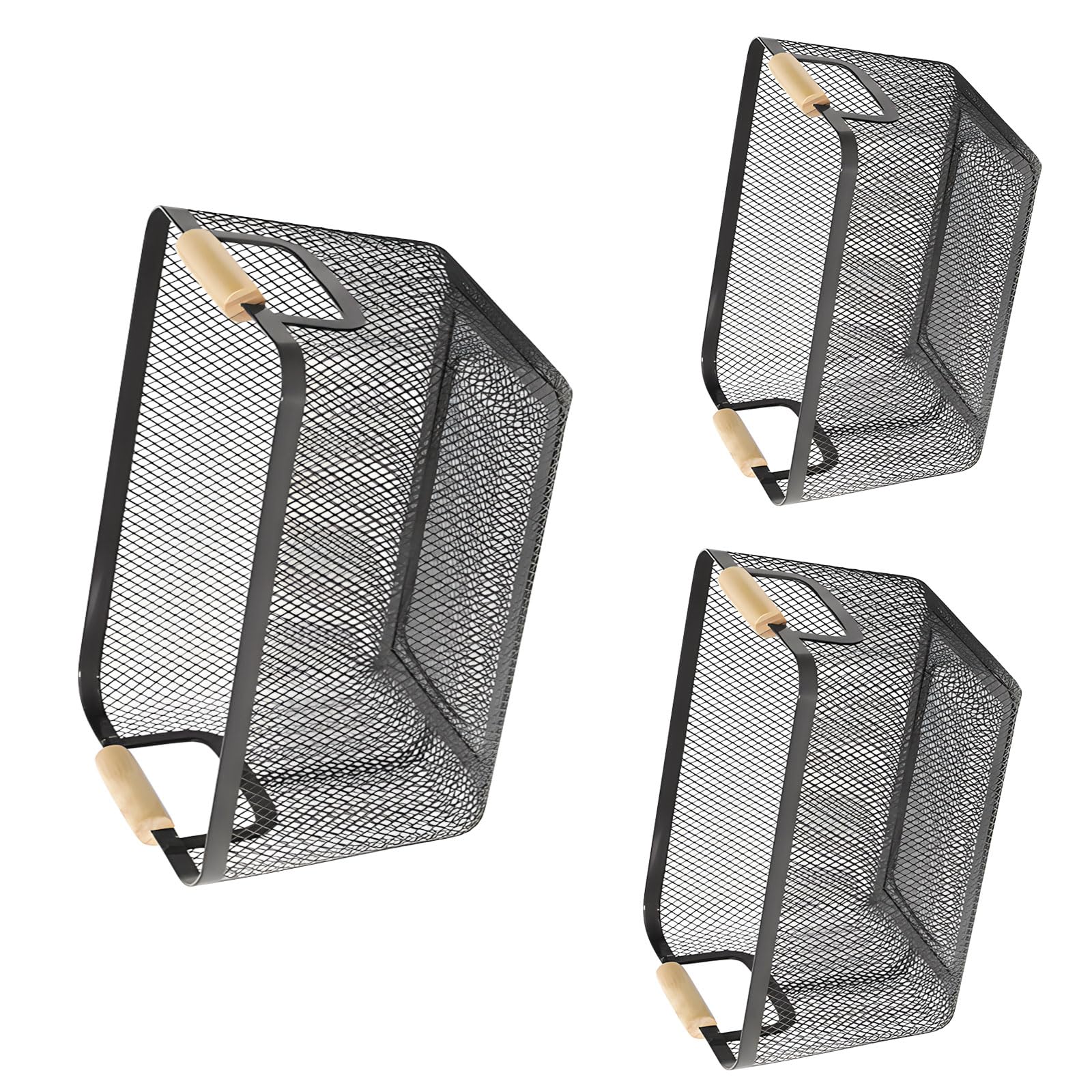 alloneslife Contemporary Look 3 Piece Storage Basket Collection with Metal Frame and Wood Features for Organizing Natural Wood Handle Baskets