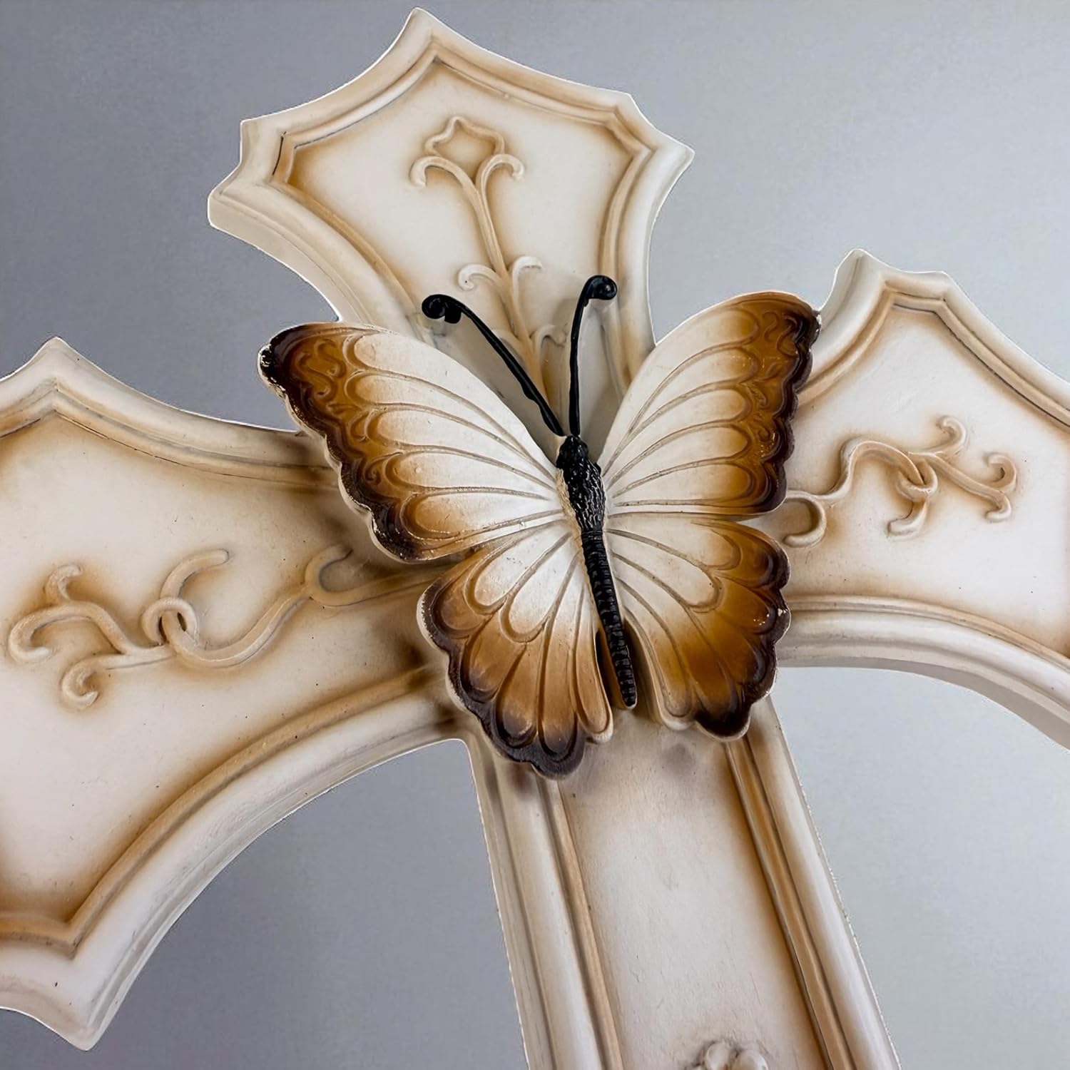 Top Brass Butterfly and Flowers Wall Cross – 12” Resin Christian Wall Décor with Floral Garden Accents, Inspirational Religious Jesus Art Sculpture with Painted Finish and Easy Mounting Hanger