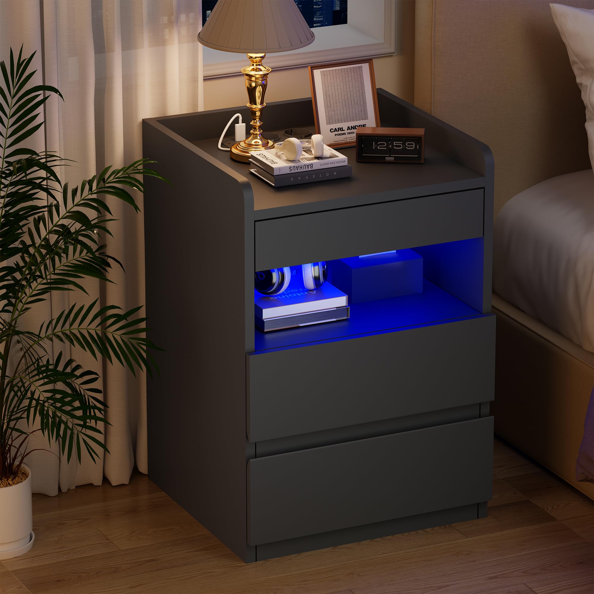 BEWISHOME Set di 2 Comodino,con Scomparto Nascosto(2 Cassetti),Comodino con presa,Semplice e Versatile,con Funzione di Ricarica,per Soggiorno,Camera da letto (Nero) EFCG02B
