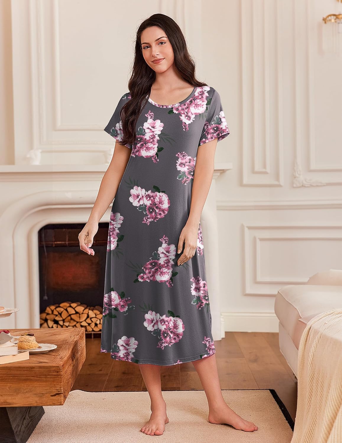 Ekouaer 3 Pack Long Nightgowns for Women Full Length Short Sleeve Nightshirt Soft Plus Size Sleepwear Casual Loungwear - Image 6